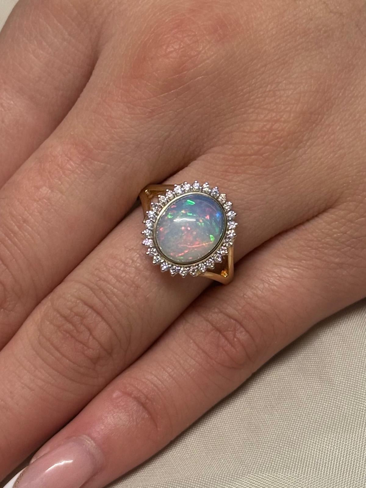 9K Yellow Gold Opal and Diamond Cluster Ring