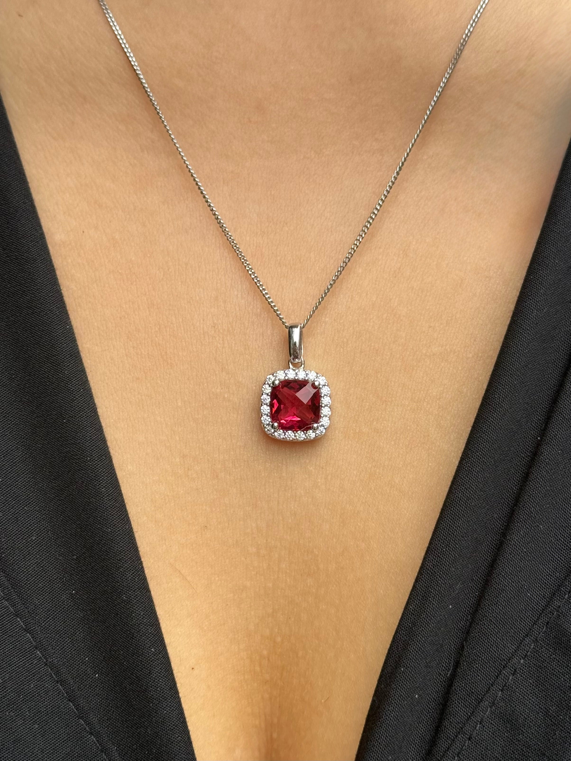 Sterling Silver Cushion Shaped Red Halo Pendant