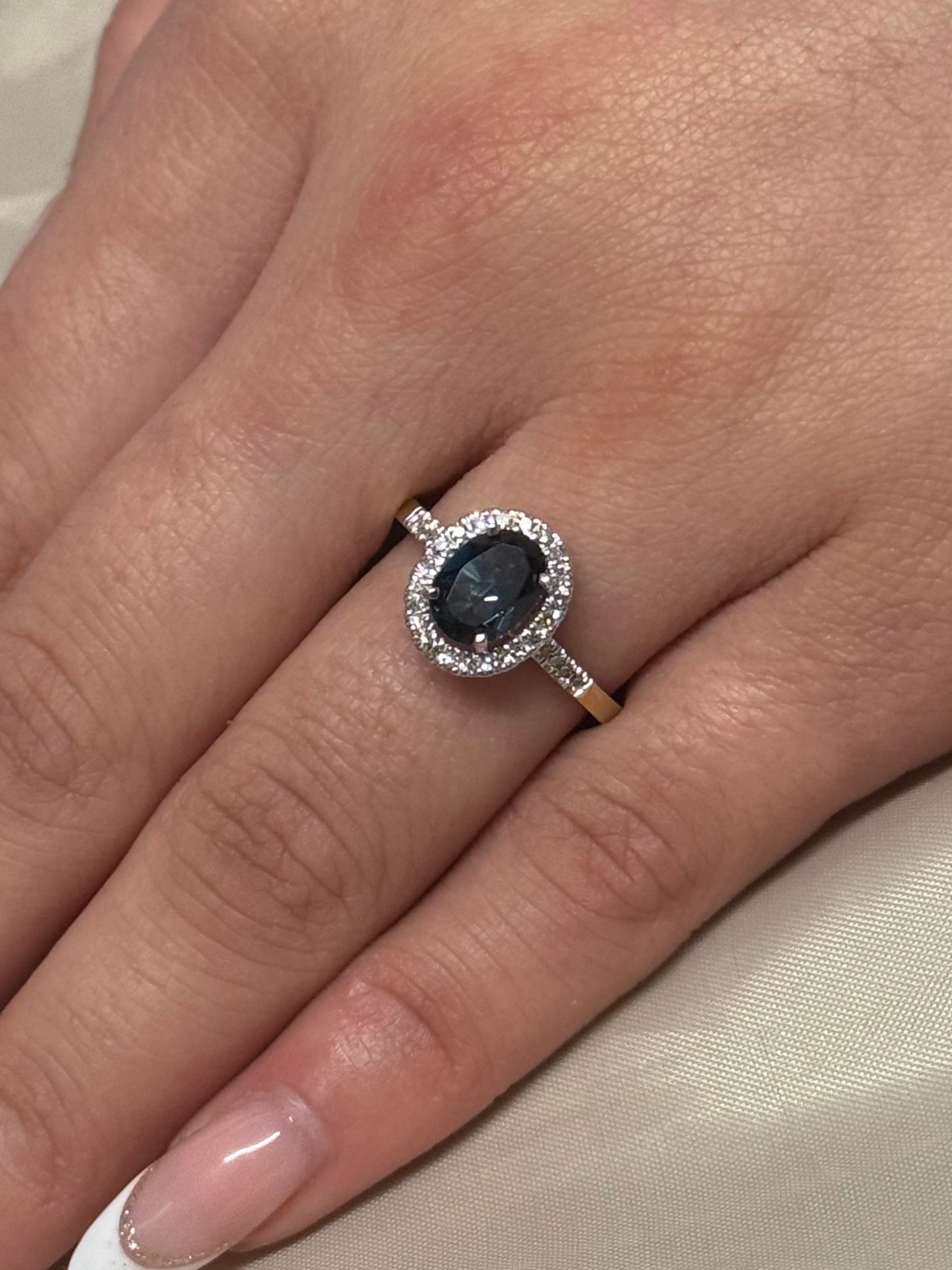 9K Yellow Gold Oval London Blue Topaz with Diamond Halo