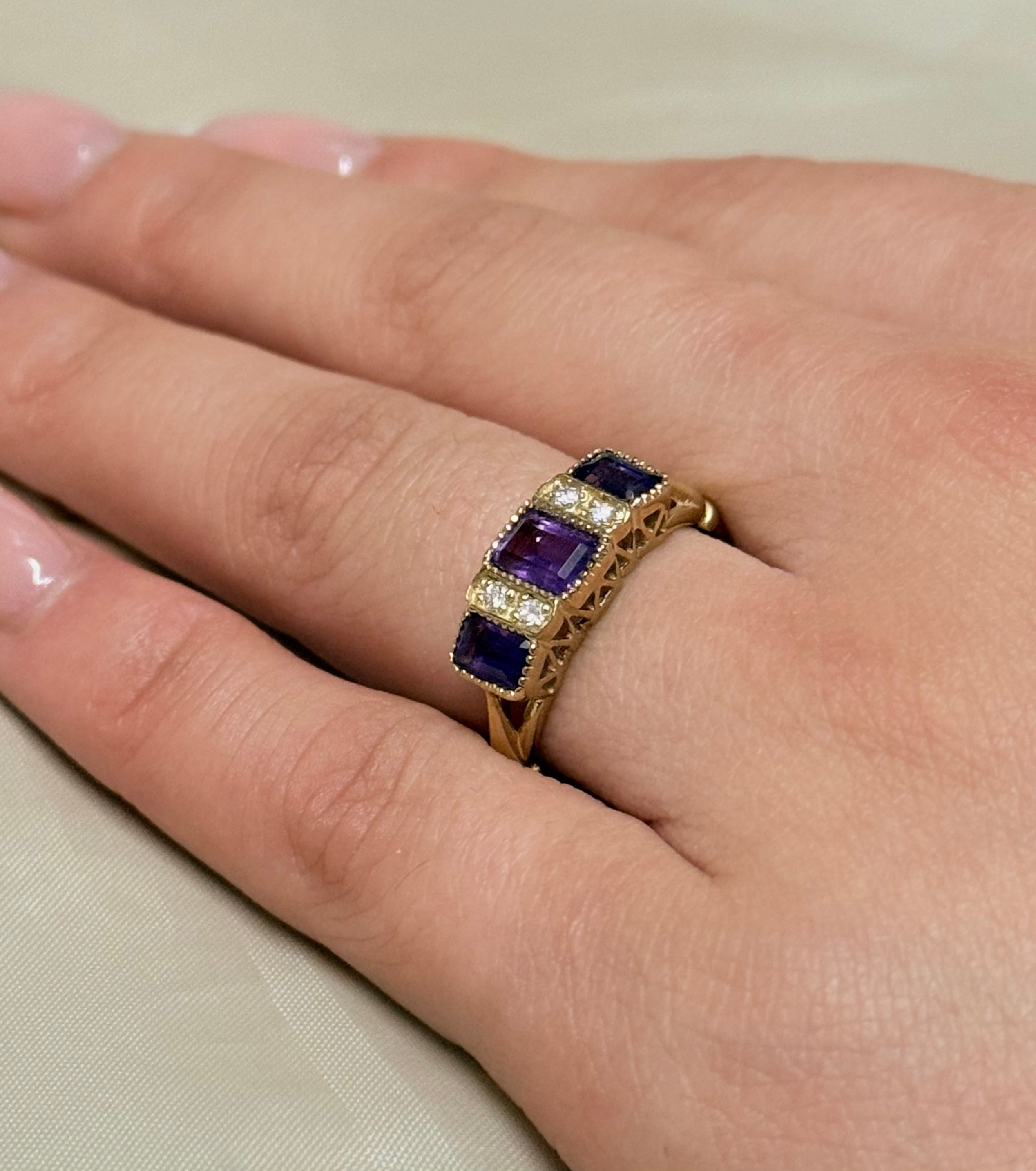 9K Yellow Gold Vintage Style Amethyst and Diamond Three Stone