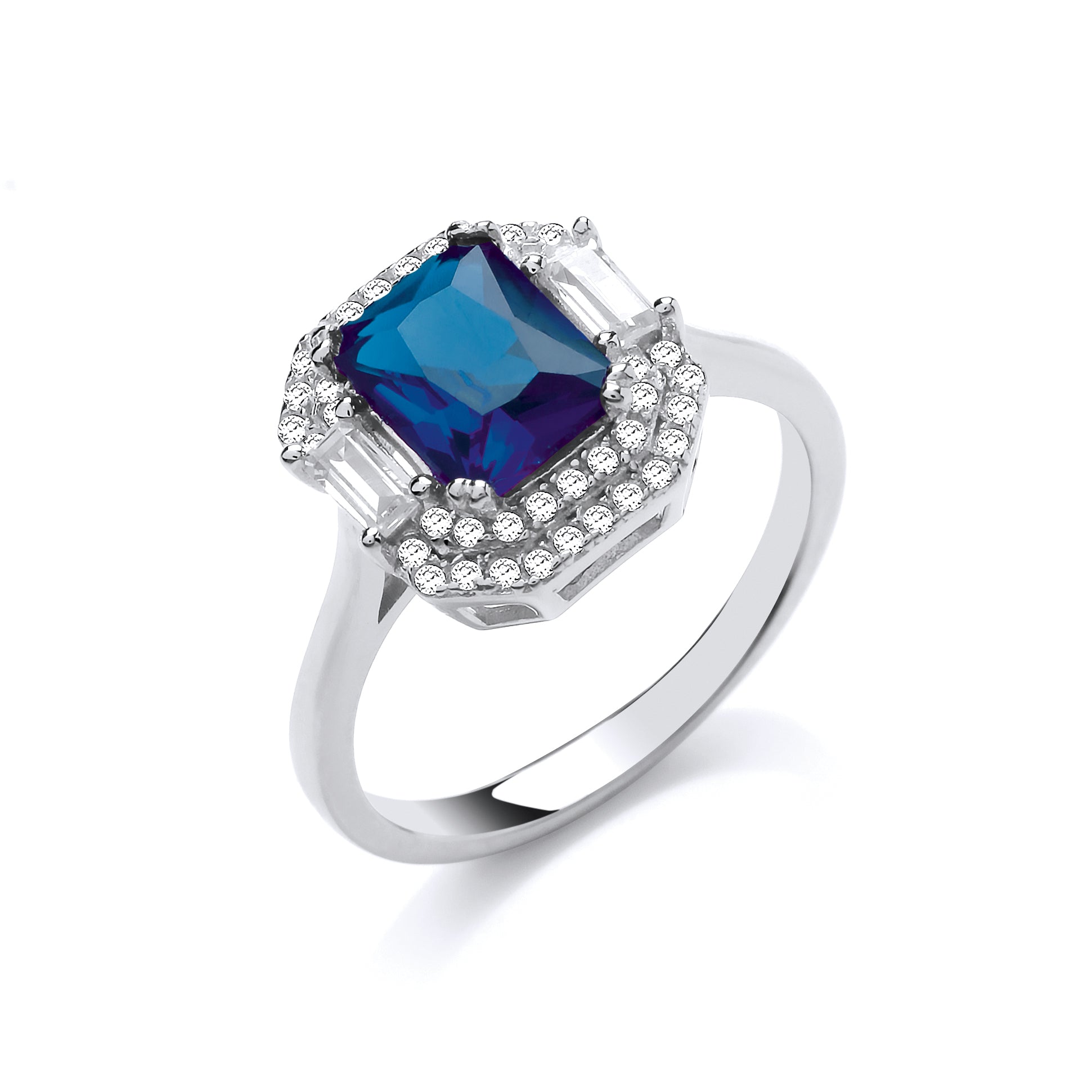 Sterling Silver Blue Emerald Cut Cz Halo Dress Ring