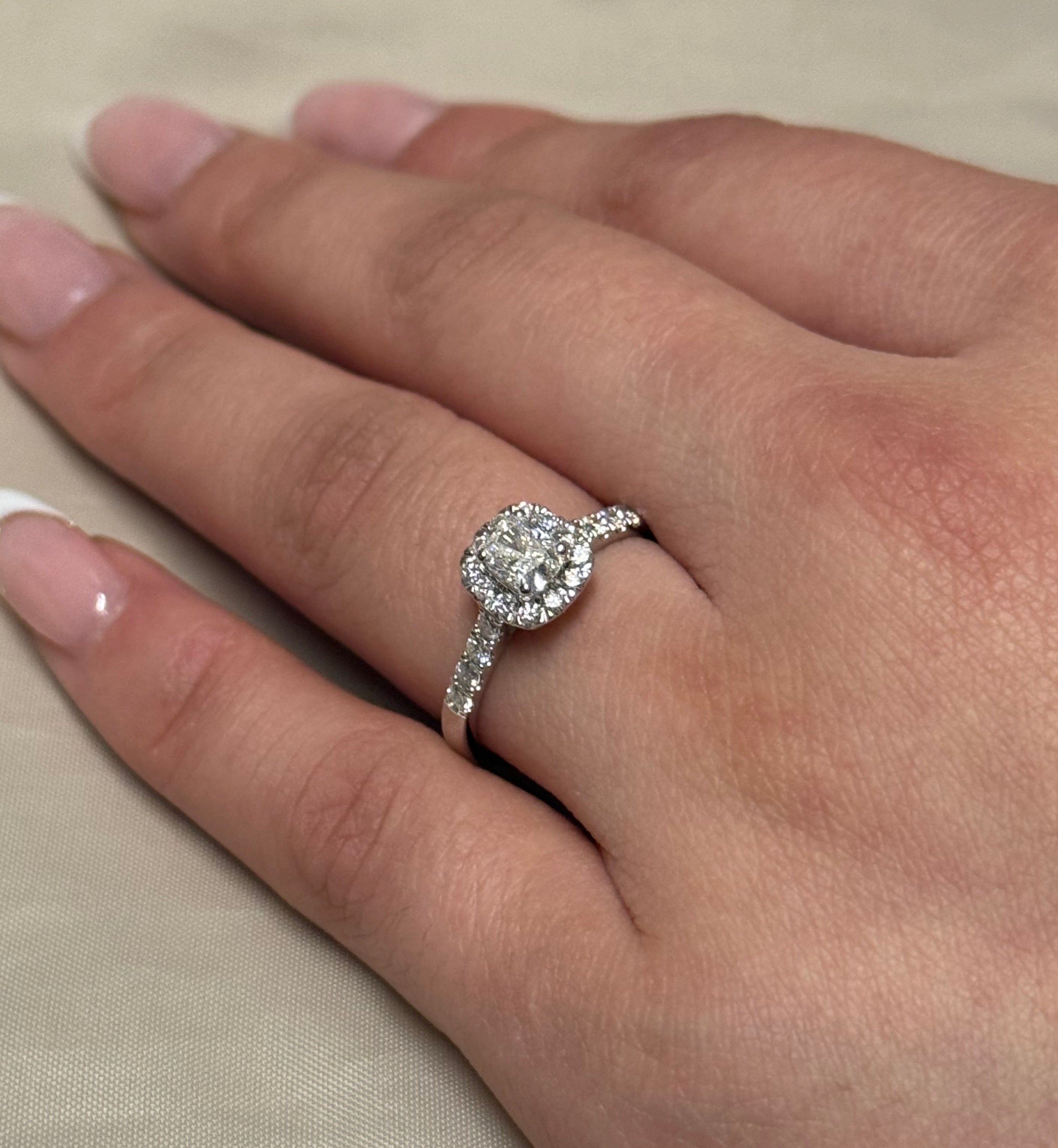 18K White Gold Cushion Cut Halo with Diamond Band