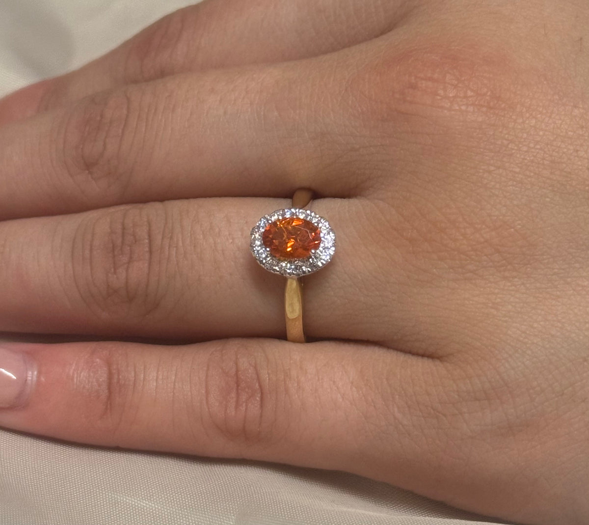 9K Yellow Gold Oval Fire Opal Ring with Diamond Halo