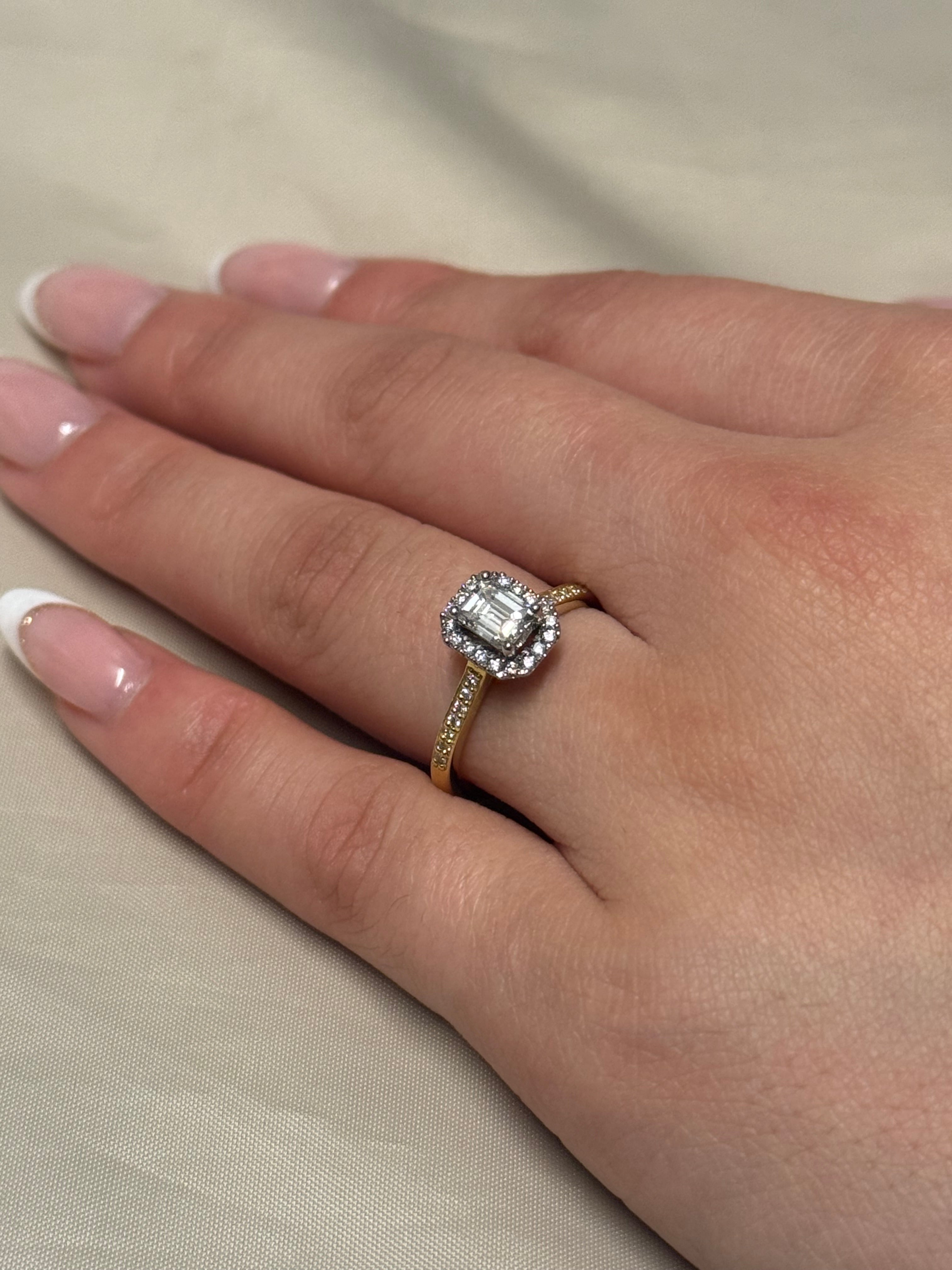 18K Yellow Gold Emerald Cut Halo with Diamond Band