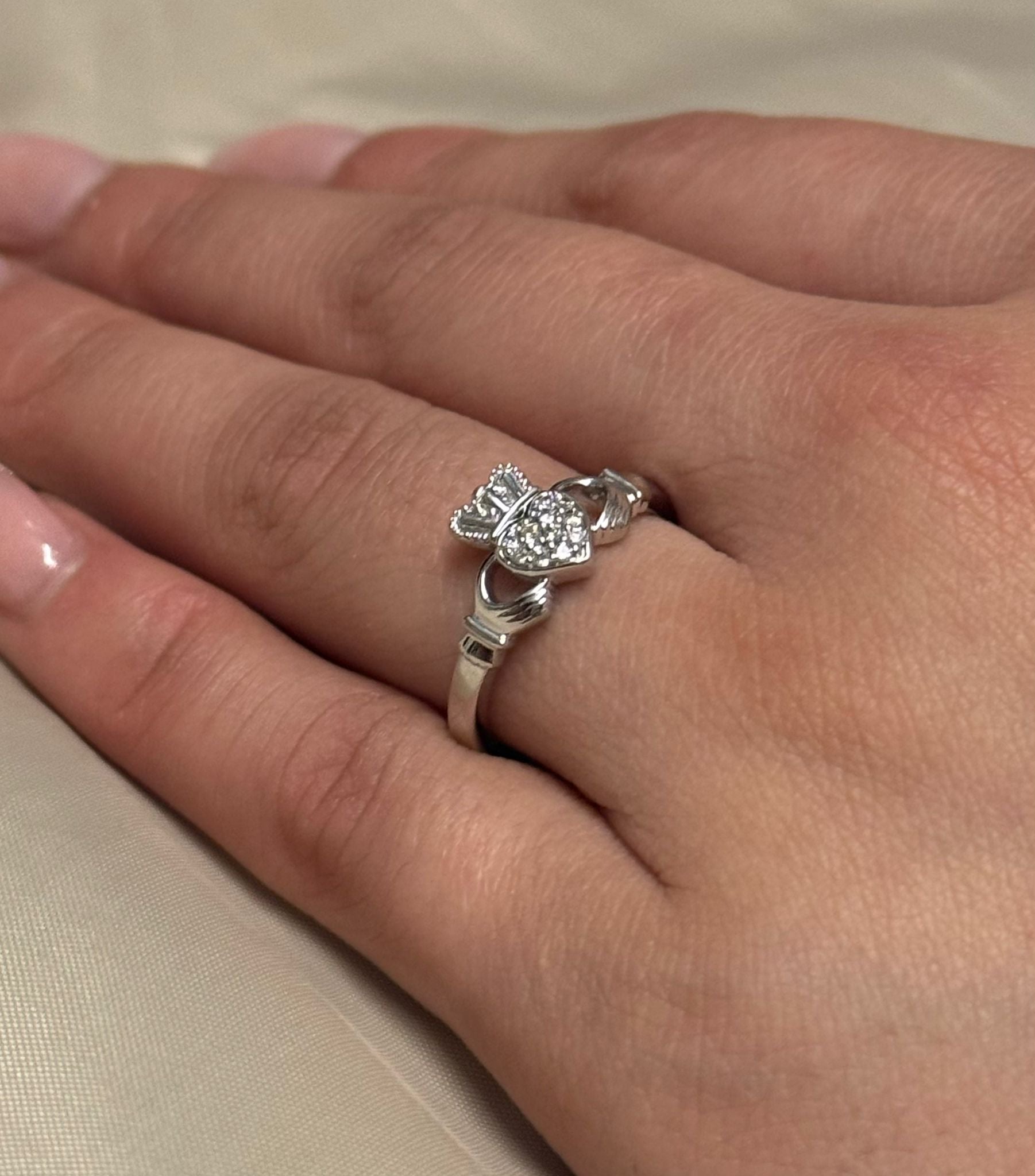9K White Gold Diamond Heart Claddagh Ring