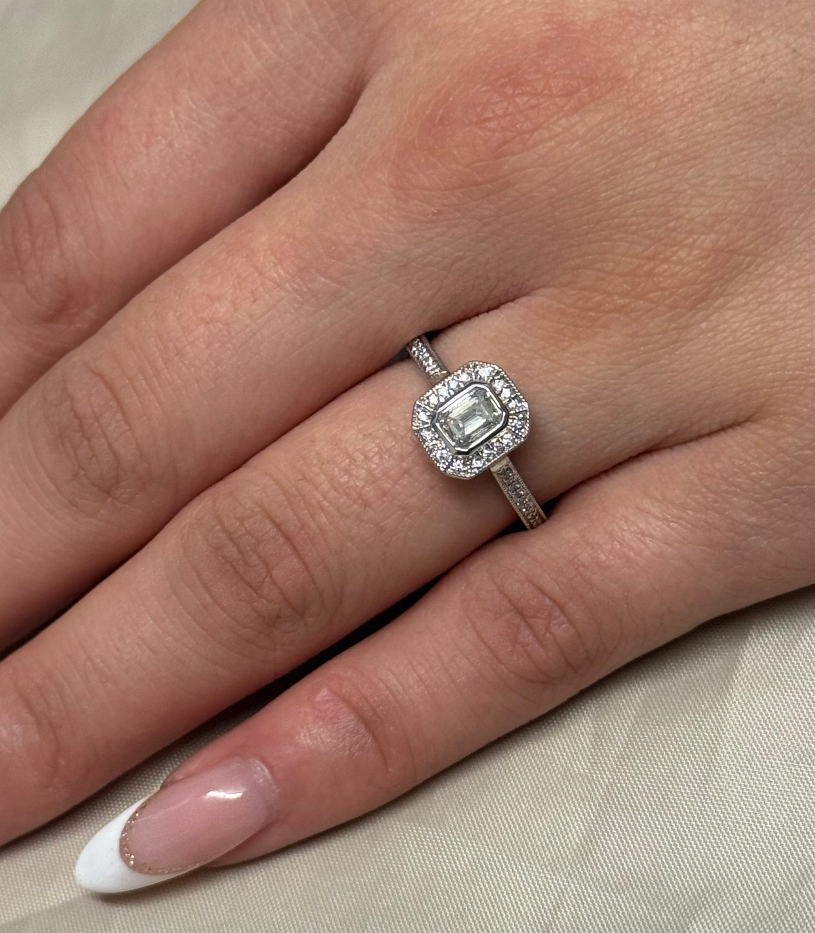 18K White Gold Emerald Cut Halo with Diamond Band
