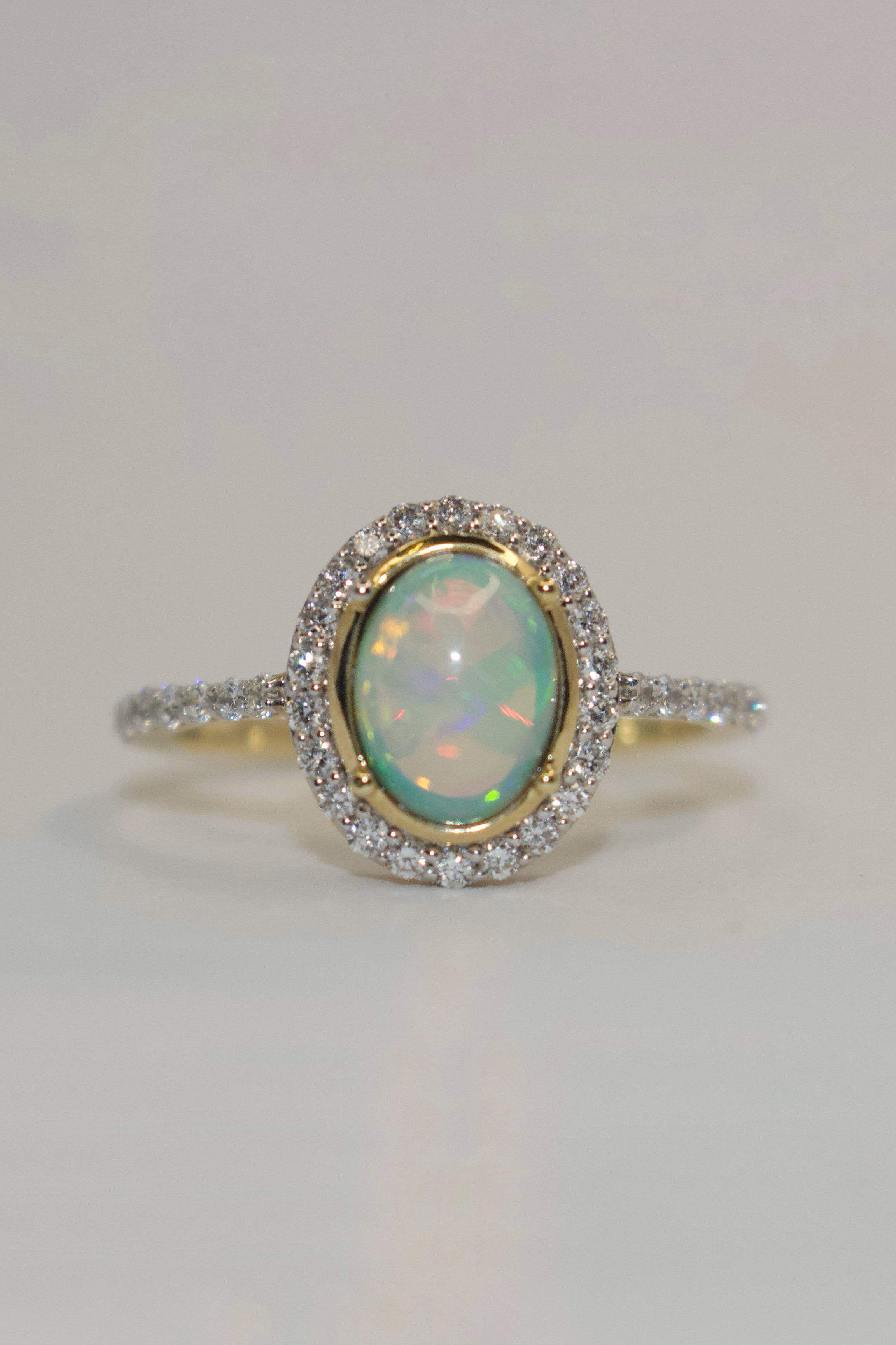 9K Yellow Gold Oval Opal with Diamond Halo and Band