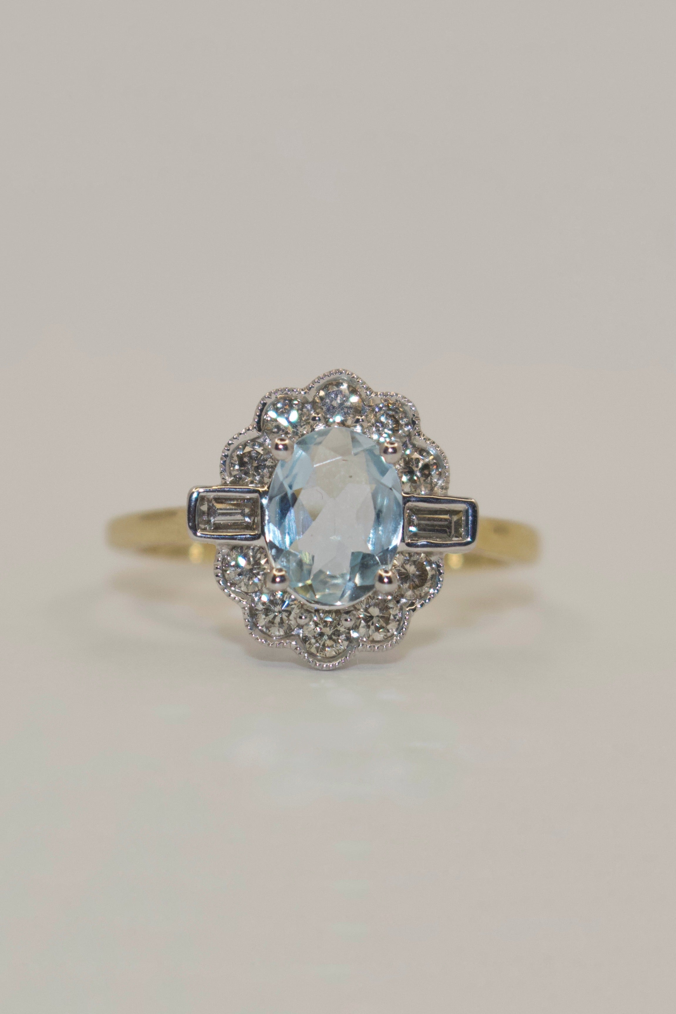 9K Yellow Gold Aquamarine and Diamond Cluster with Baguette Side Stones