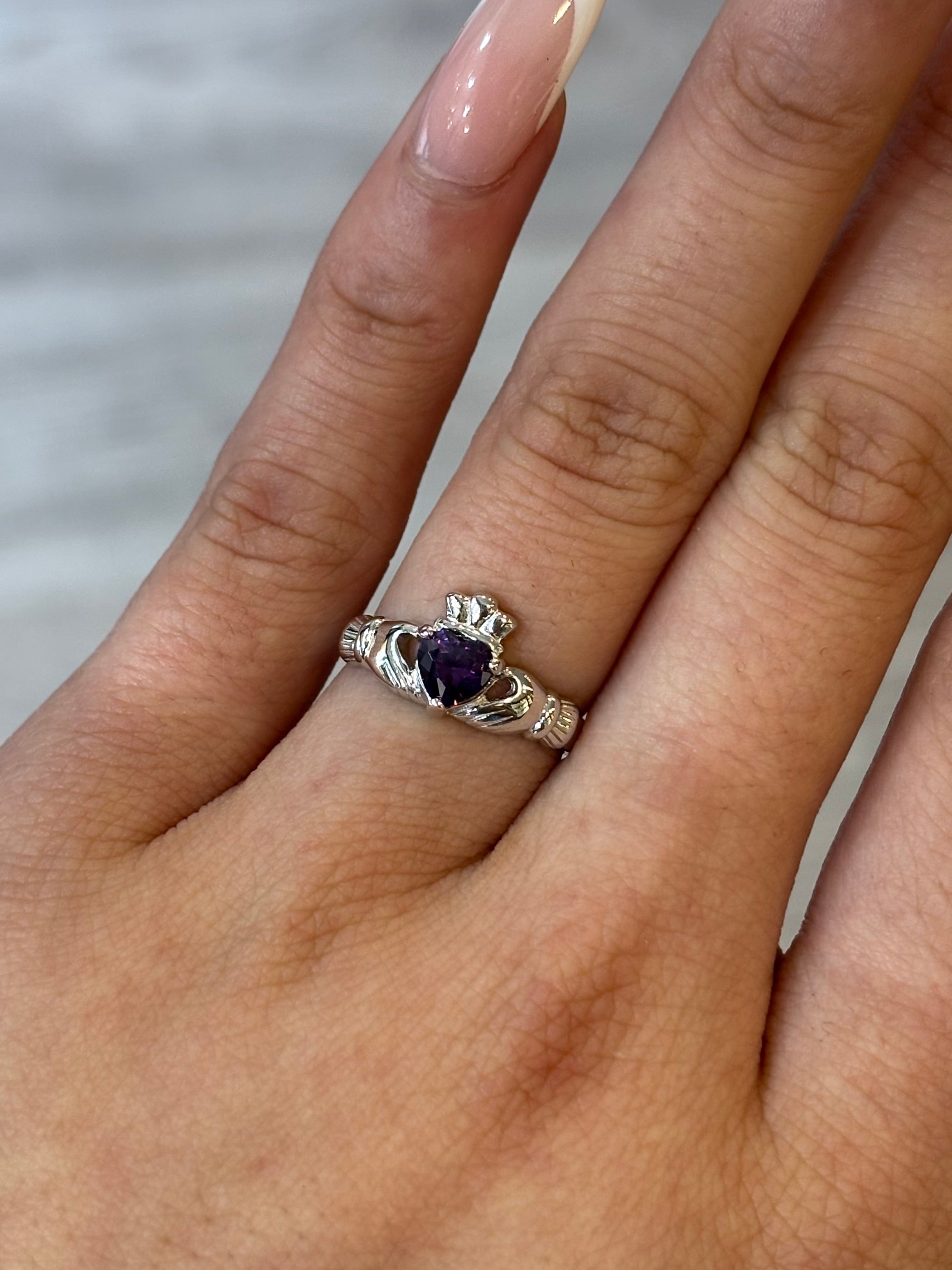 Sterling Silver February Birthstone Claddagh Ring