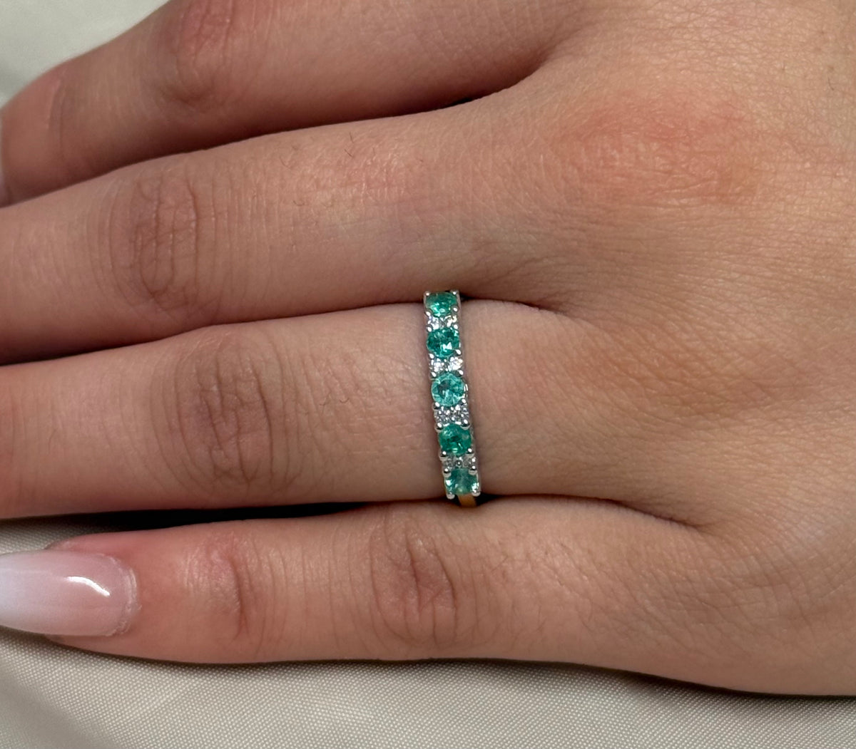 9K Yellow Gold Emerald and Diamond Eternity Style Band