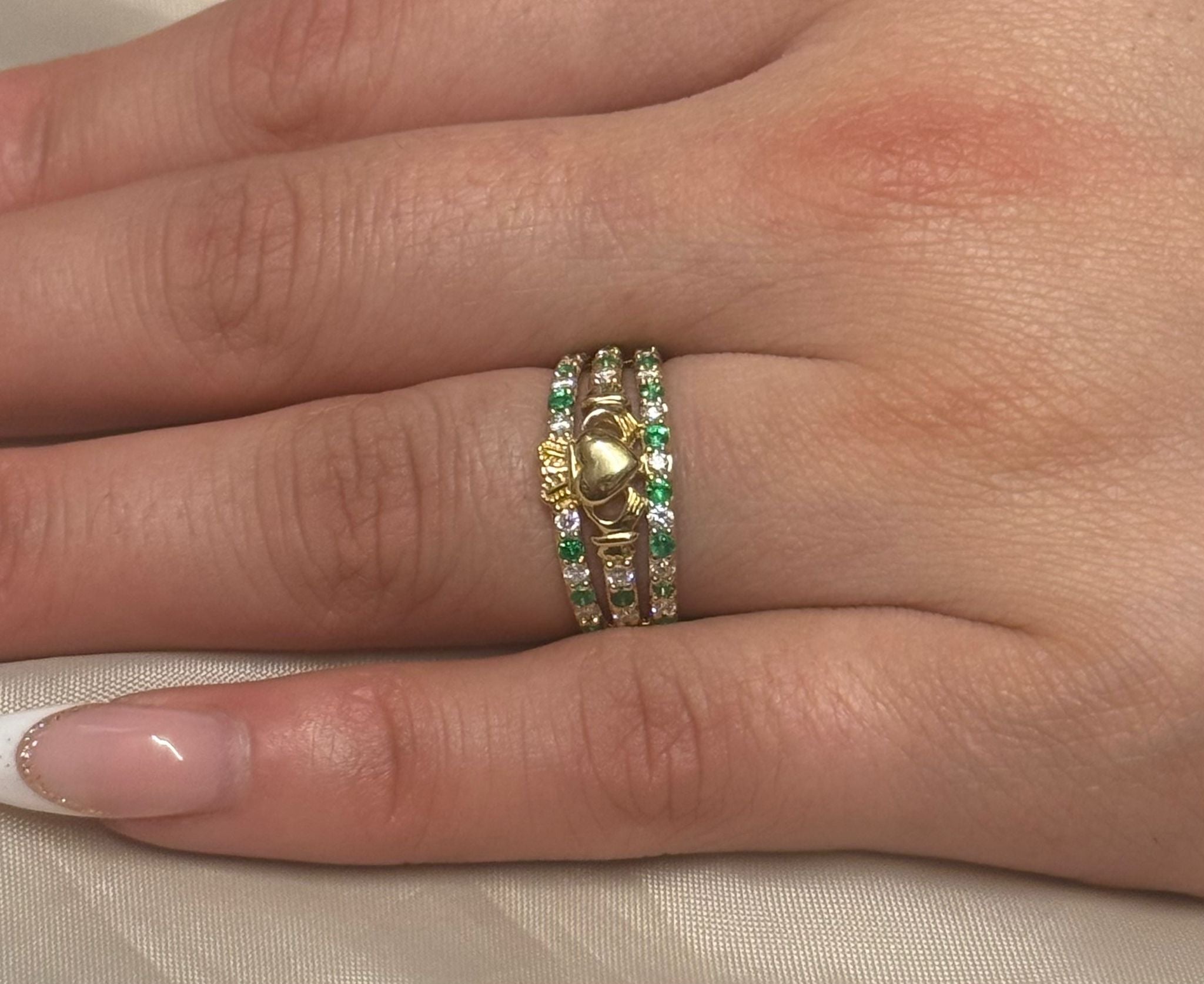 14K Yellow Gold Emerald and Diamond Triple Band Claddagh Ring