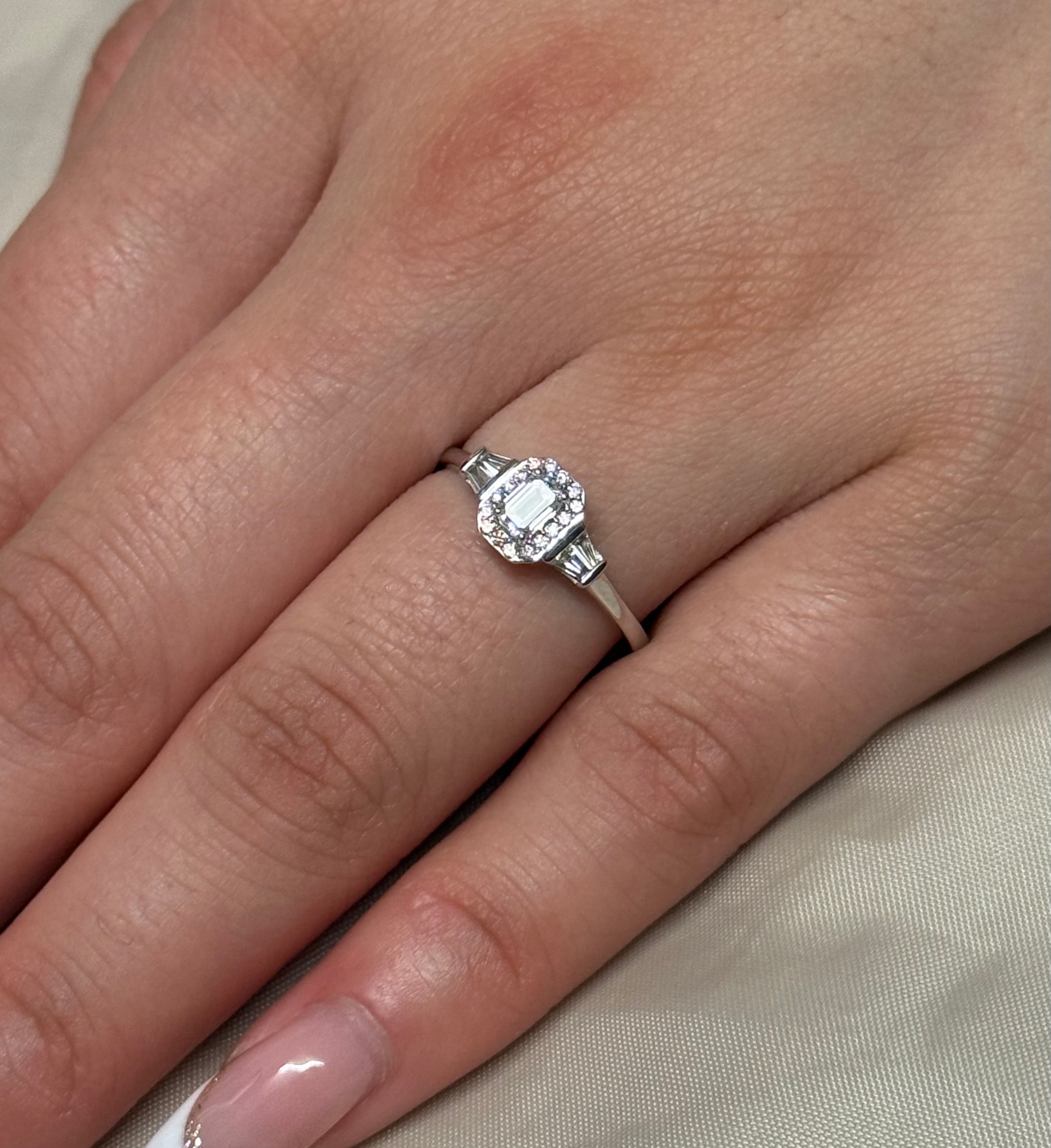 9K White Gold Emerald Cut and Baguette Diamond Cluster with Halo