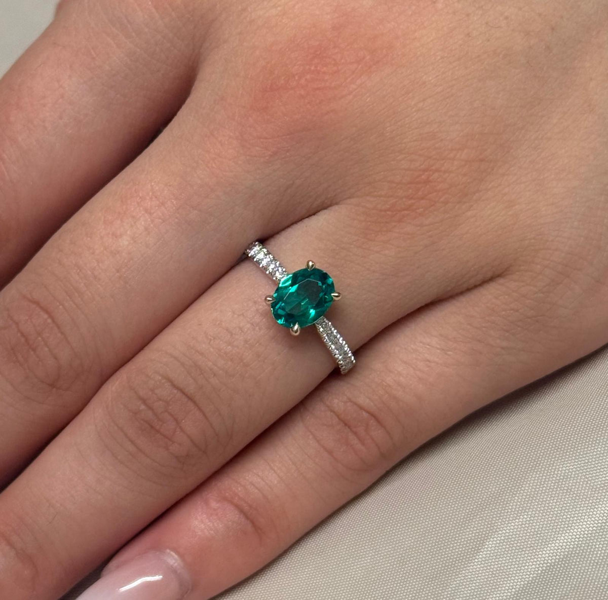 9ct Yellow Gold Lab Grown Oval Cut Emerald with Diamond Band