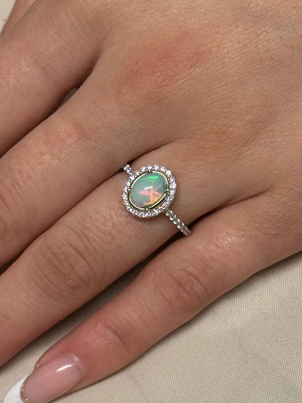 9K Yellow Gold Oval Opal with Diamond Halo and Band