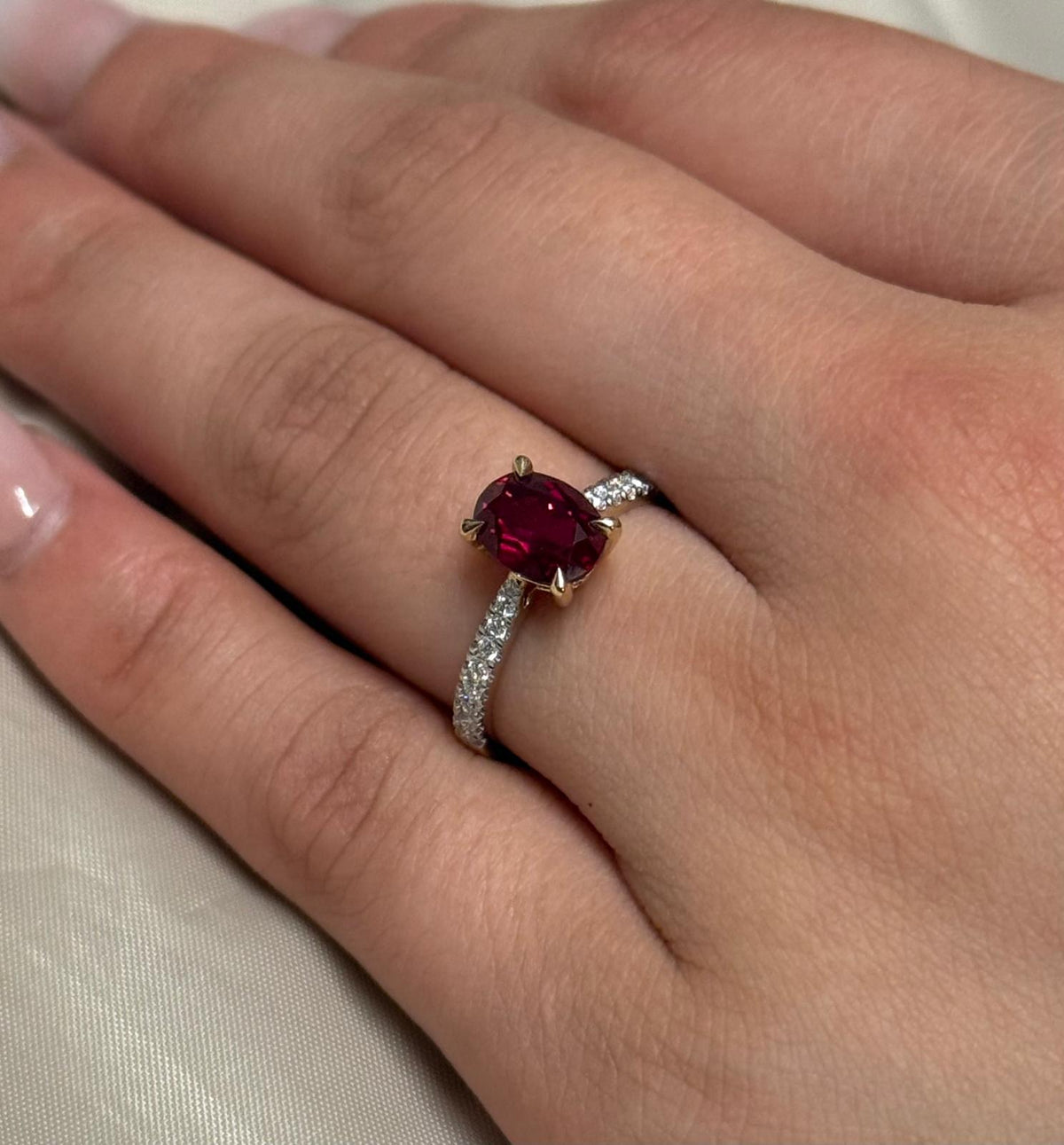 9ct Yellow Gold Lab Grown Oval Cut Ruby with Diamond Band