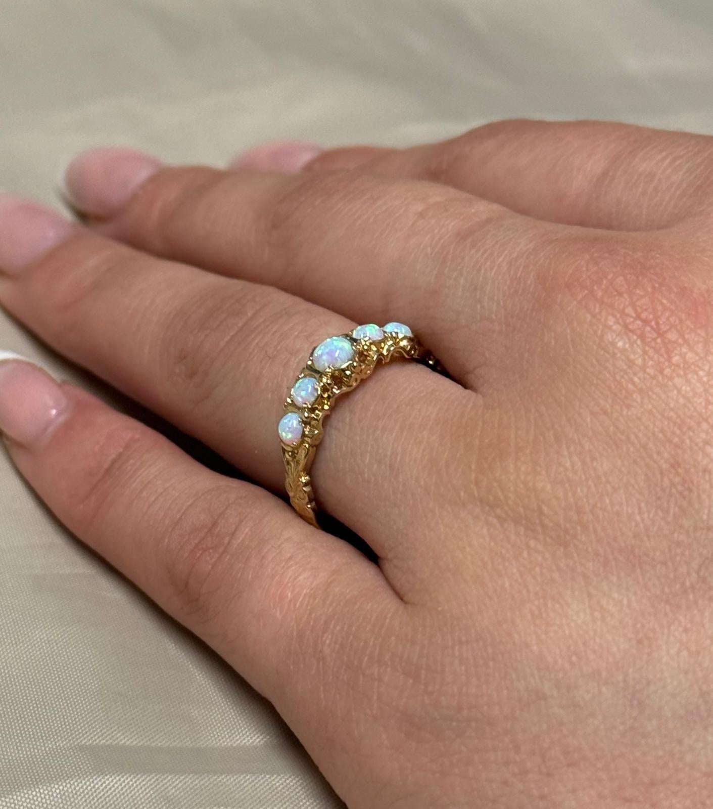 9K Yellow Gold Vintage Style Five Stone Opal Ring