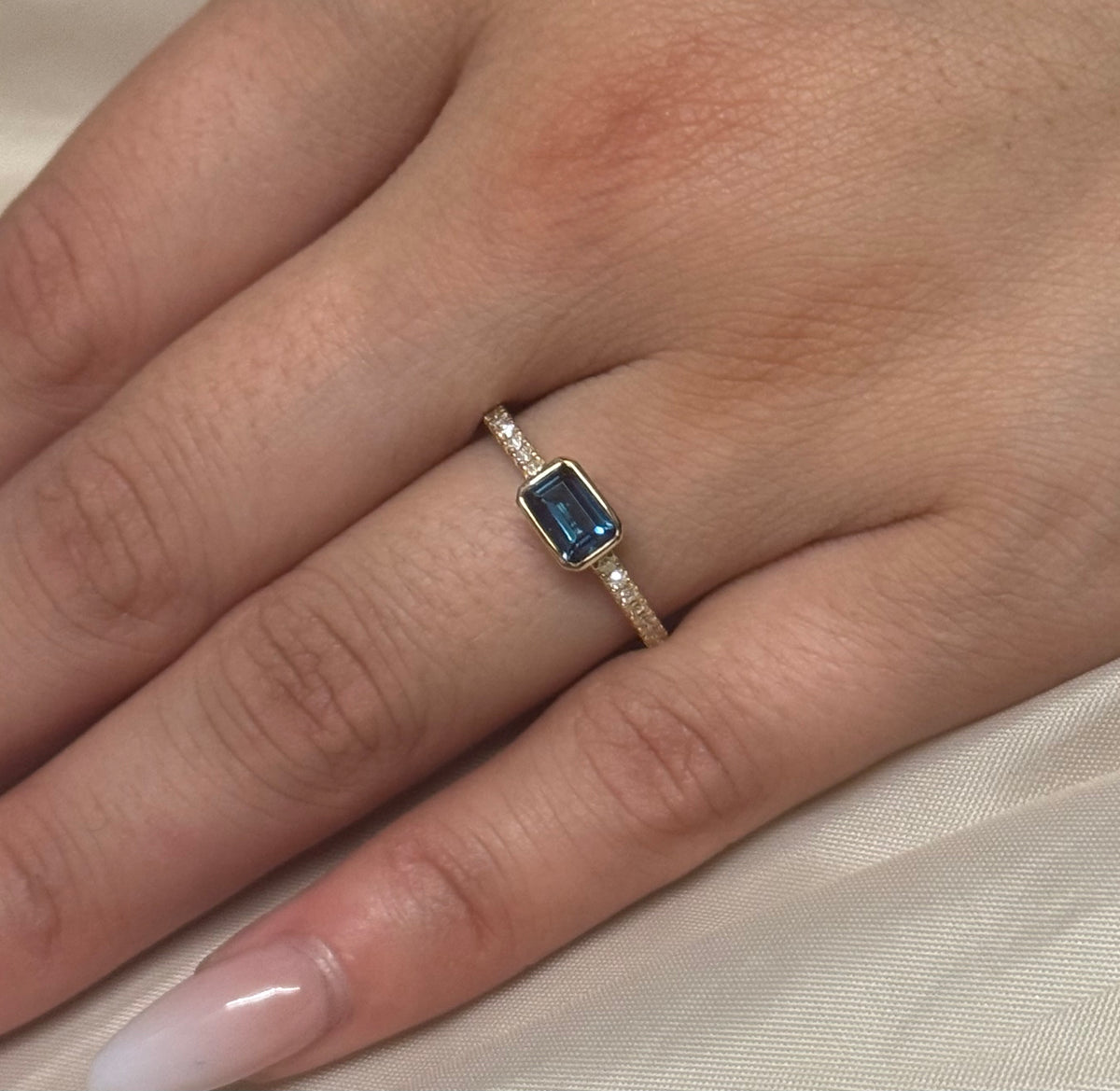 9K Yellow Gold East West Emerald Cut London Blue Topaz Ring With Diamond Band