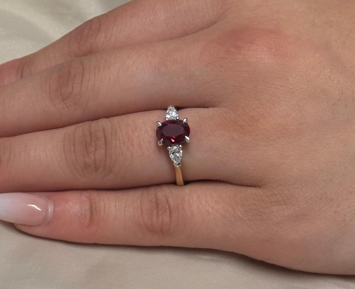 9ct Yellow Gold Lab Grown Ruby and Diamond Oval and Pear Three Stone Ring