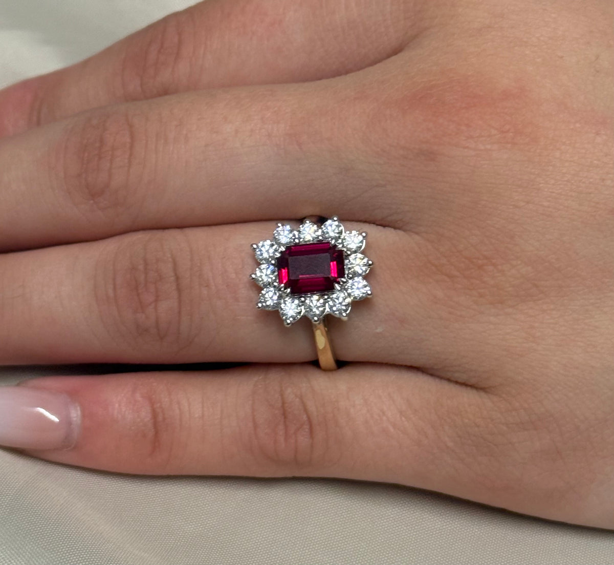 9ct Yellow Gold Lab Grown Emerald Cut Ruby and Diamond Cluster Ring