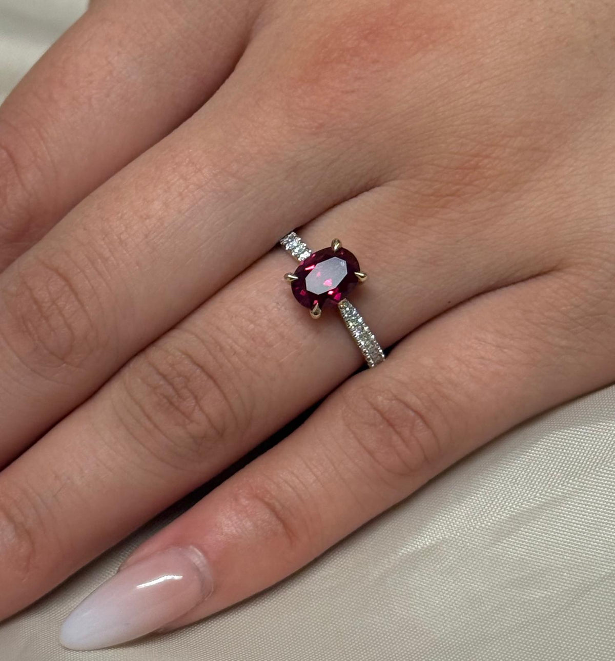 9ct Yellow Gold Lab Grown Oval Cut Ruby with Diamond Band
