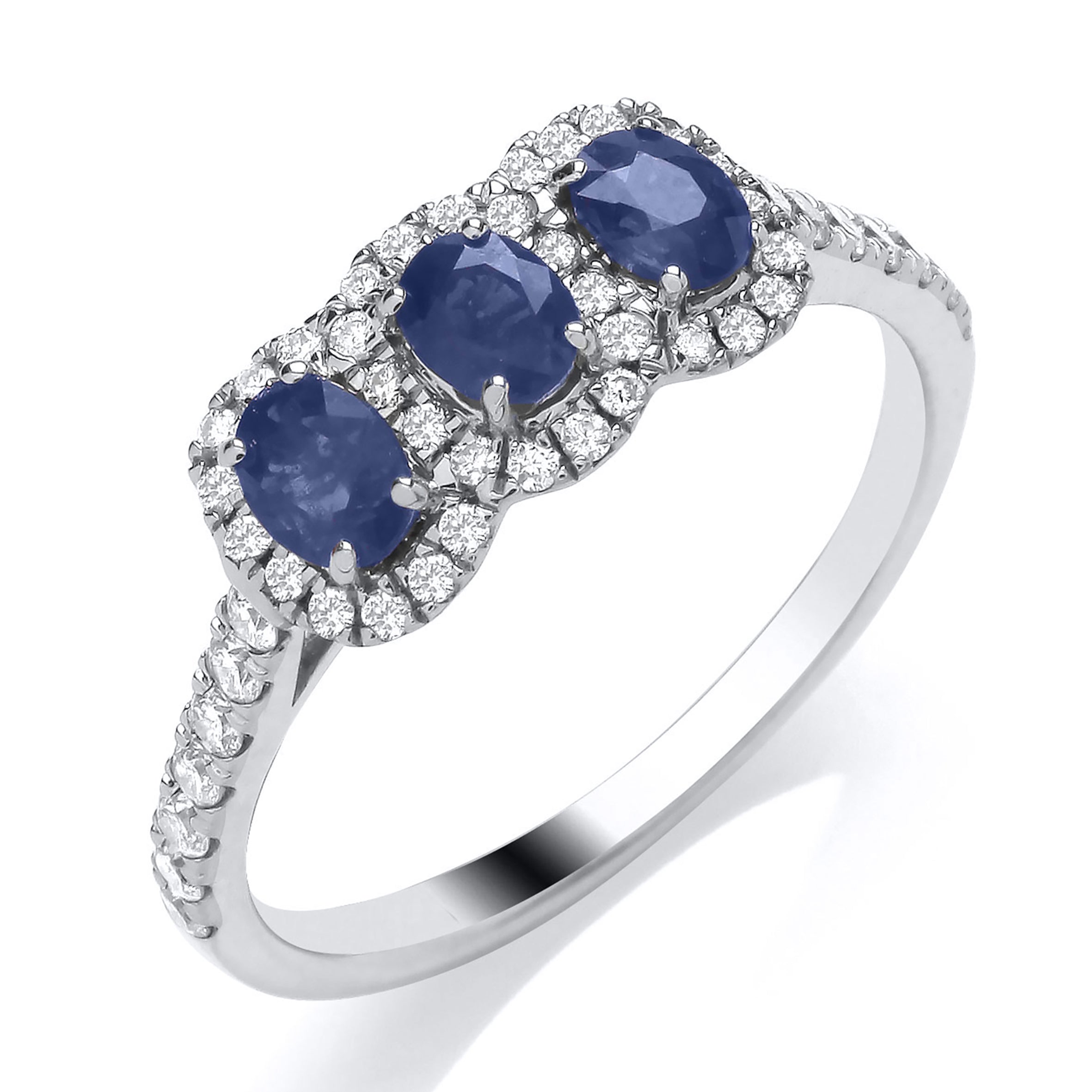 9ct Yellow Gold Three Stone Oval Sapphire and Diamond Halo Ring