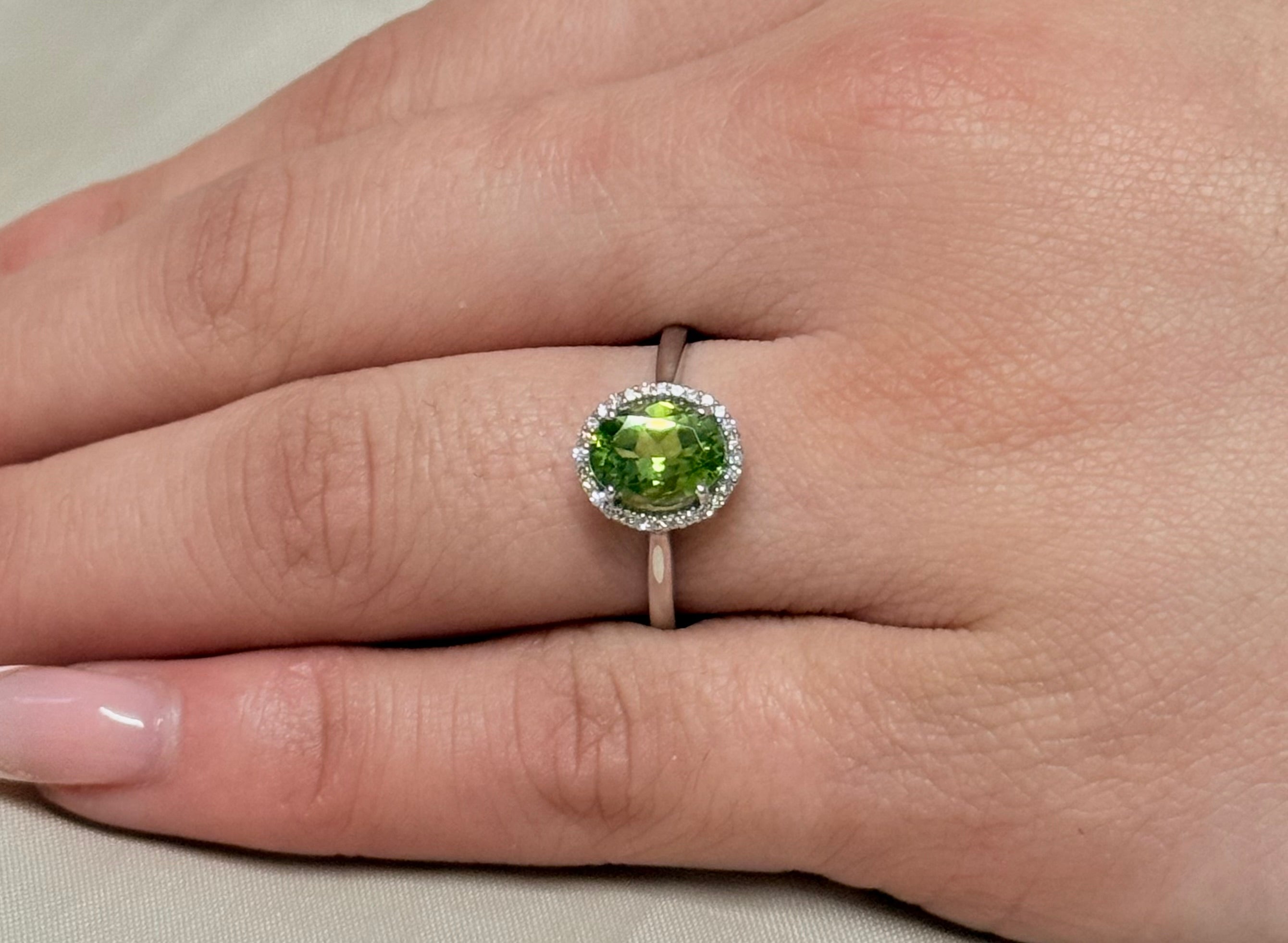 9K White Gold Oval Peridot with Diamond Halo Ring