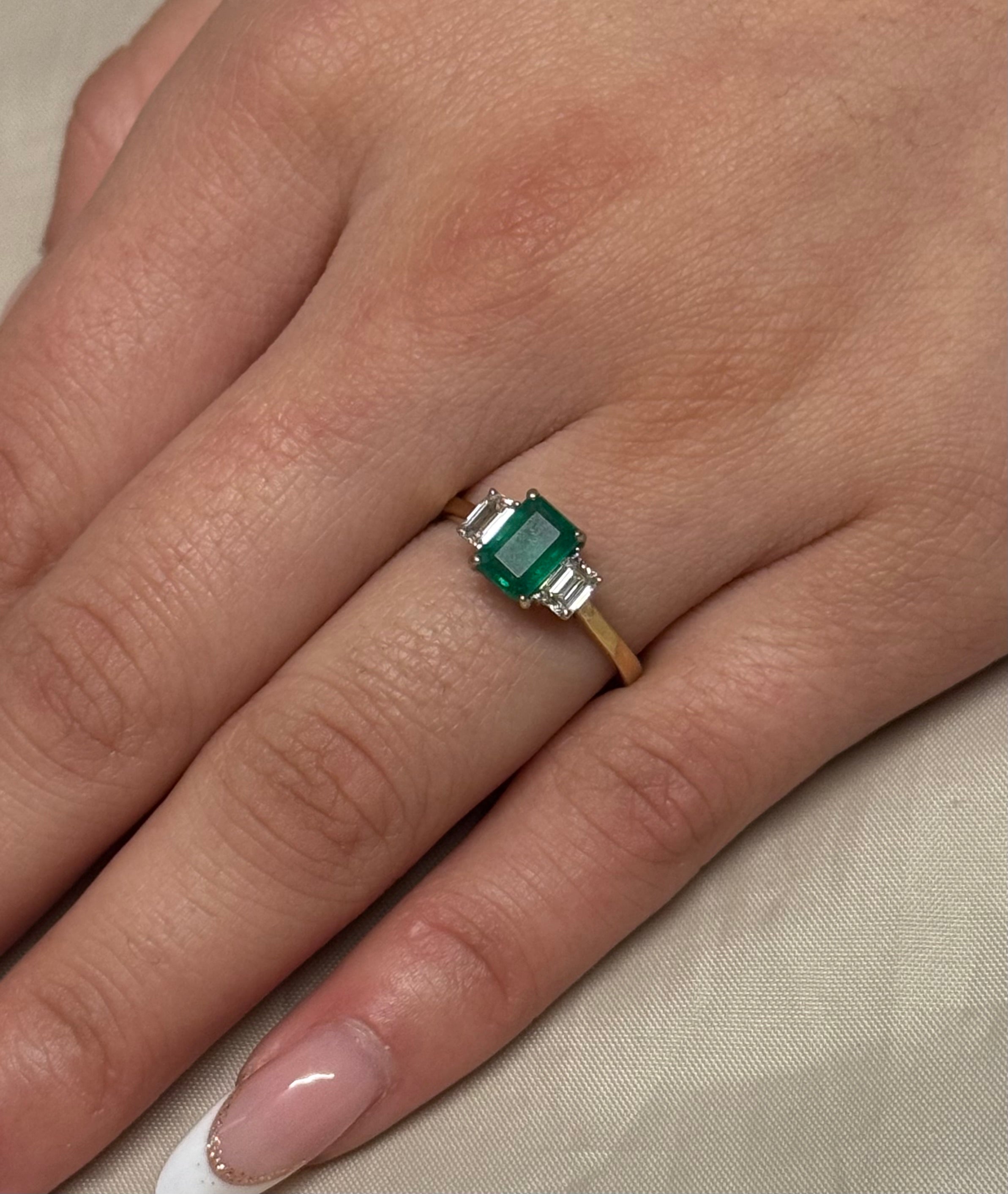 9K Yellow Gold Emerald Cut Emerald and Diamond Three Stone