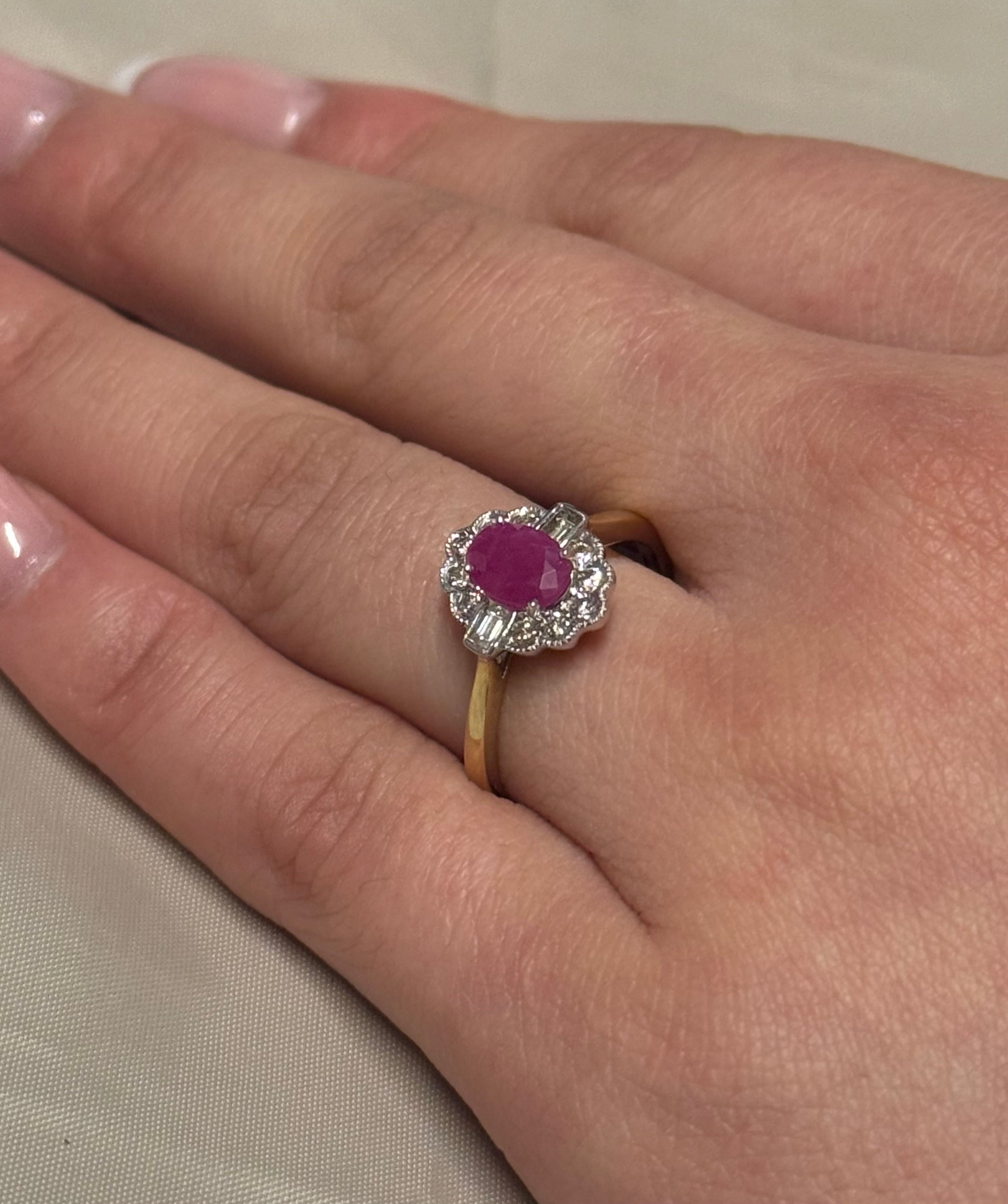 9K Yellow Gold Oval Ruby and Diamond Cluster with Baguette Side Stones
