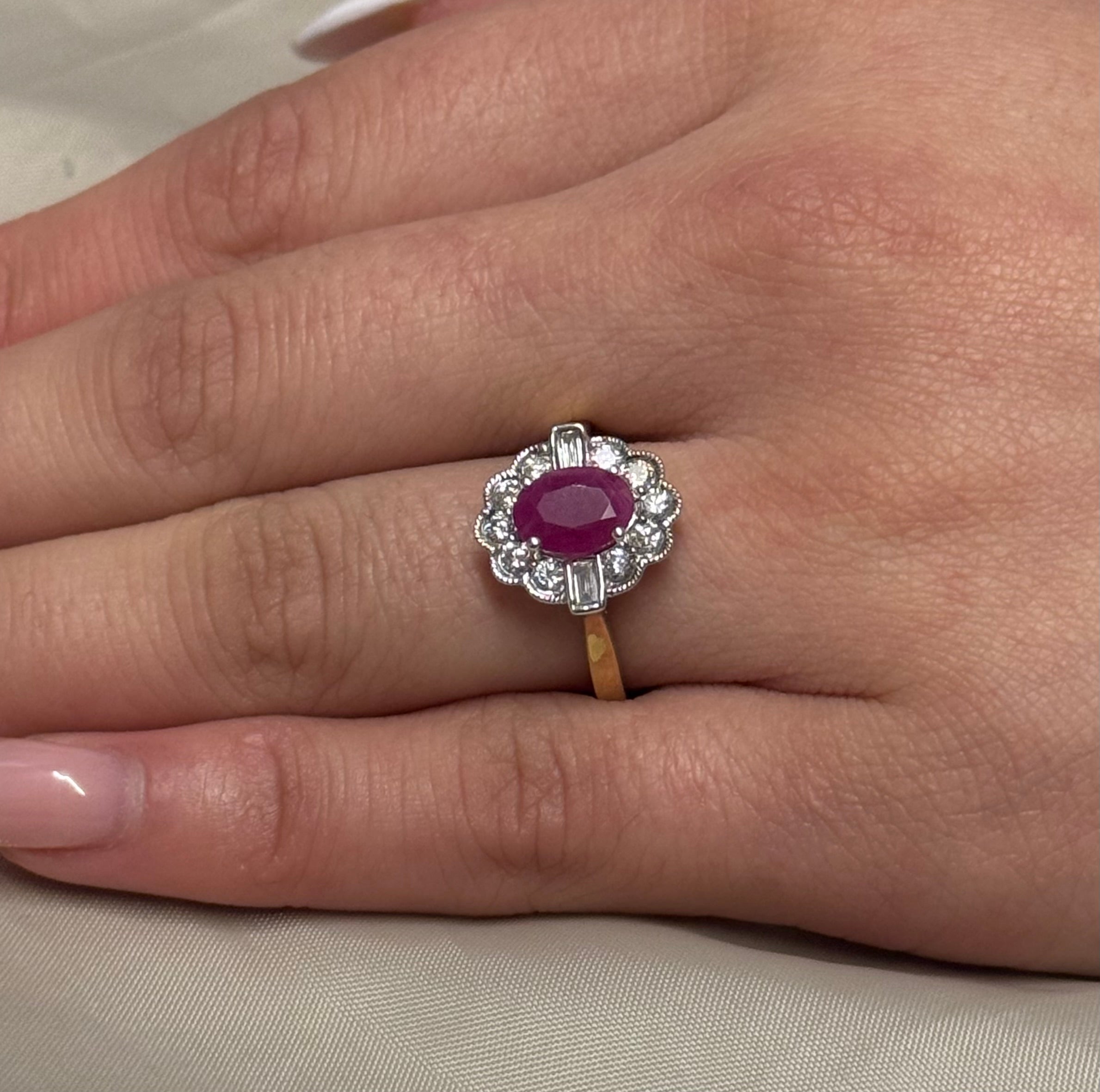 9K Yellow Gold Oval Ruby and Diamond Cluster with Baguette Side Stones
