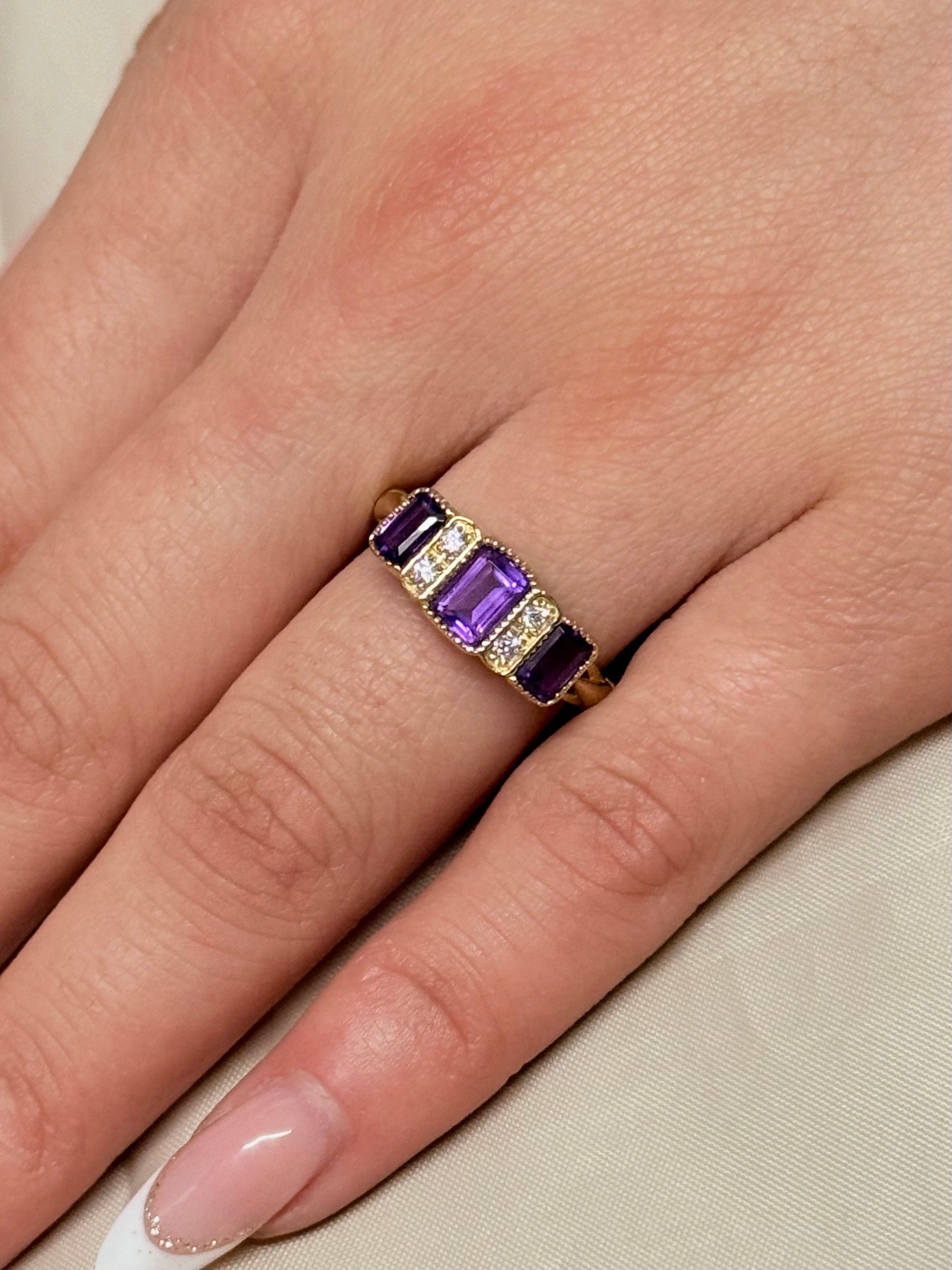 9K Yellow Gold Vintage Style Amethyst and Diamond Three Stone