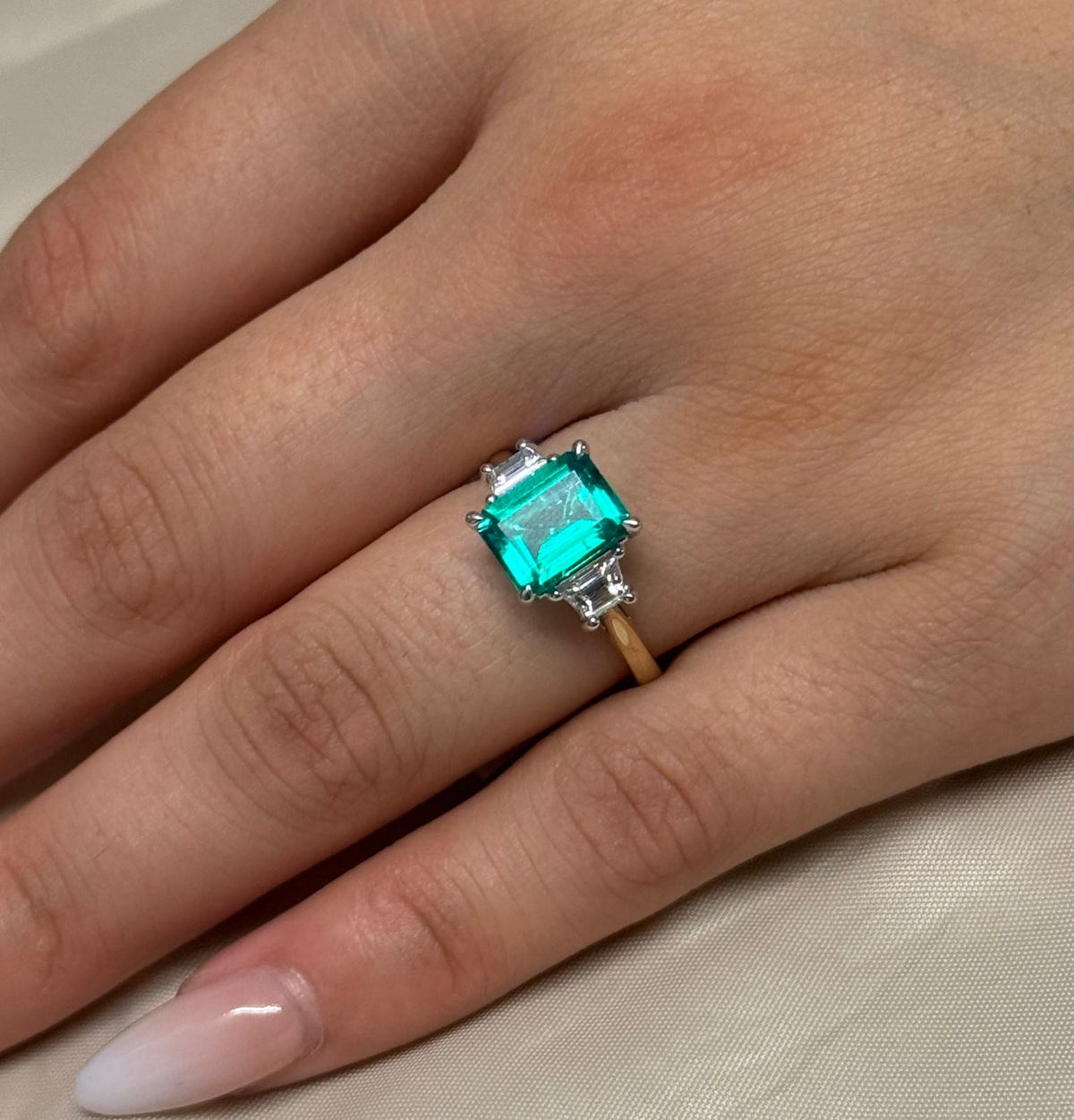 9ct Yellow Gold Lab-Grown Emerald Cut Emerald with Trapezoid Diamond Shoulders