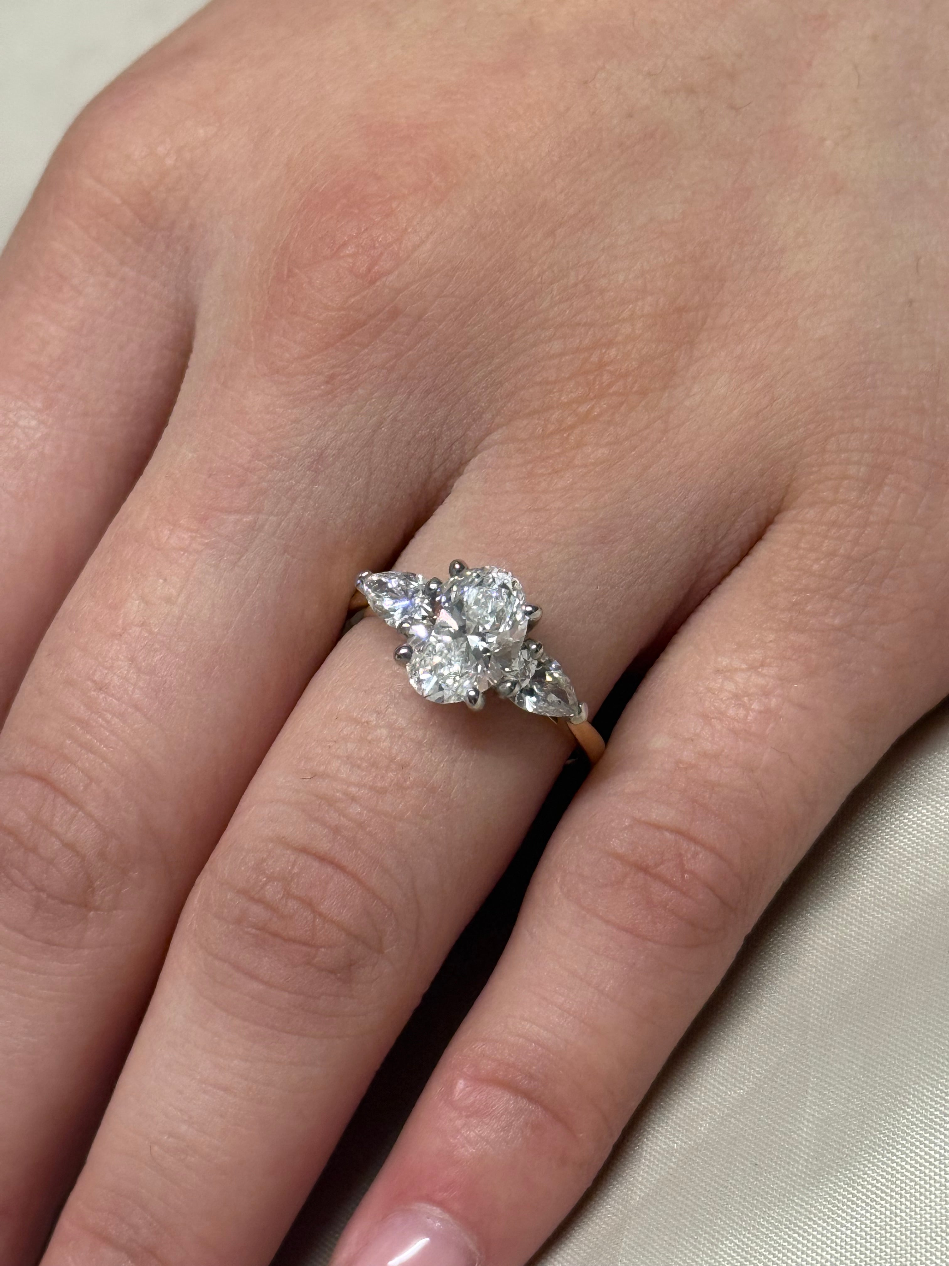 18K Yellow Gold 2.71ct Oval and Pear Three Stone Laboratory Grown Diamond Ring