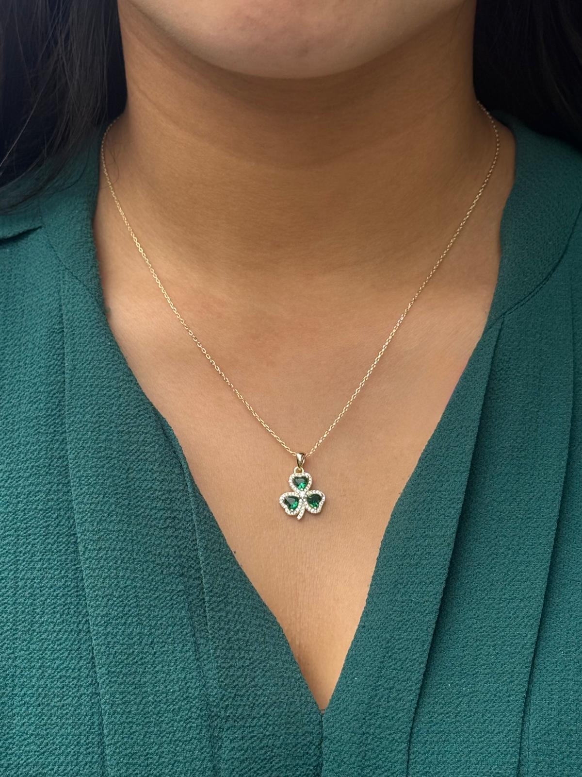 Gold Plated Sterling Silver Green Stone Shamrock Pendant with Halo