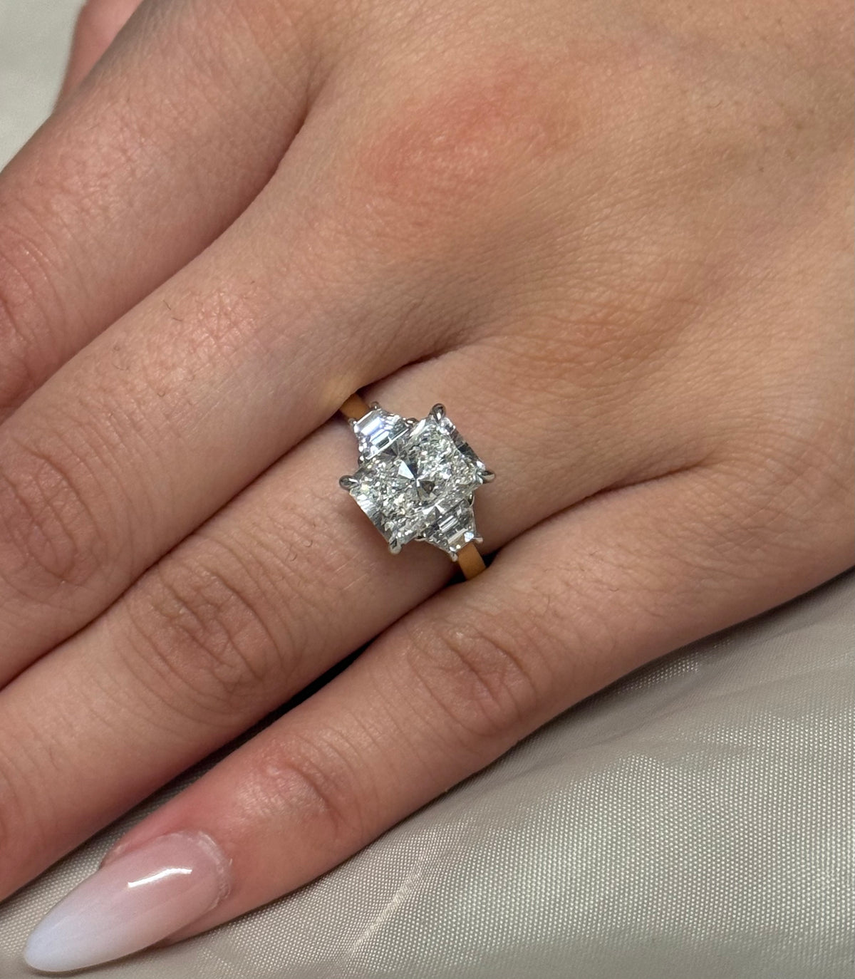 18K Yellow Gold 3.69ct Laboratory Grown Radiant and Trapezoid Centurion Three Stone Ring
