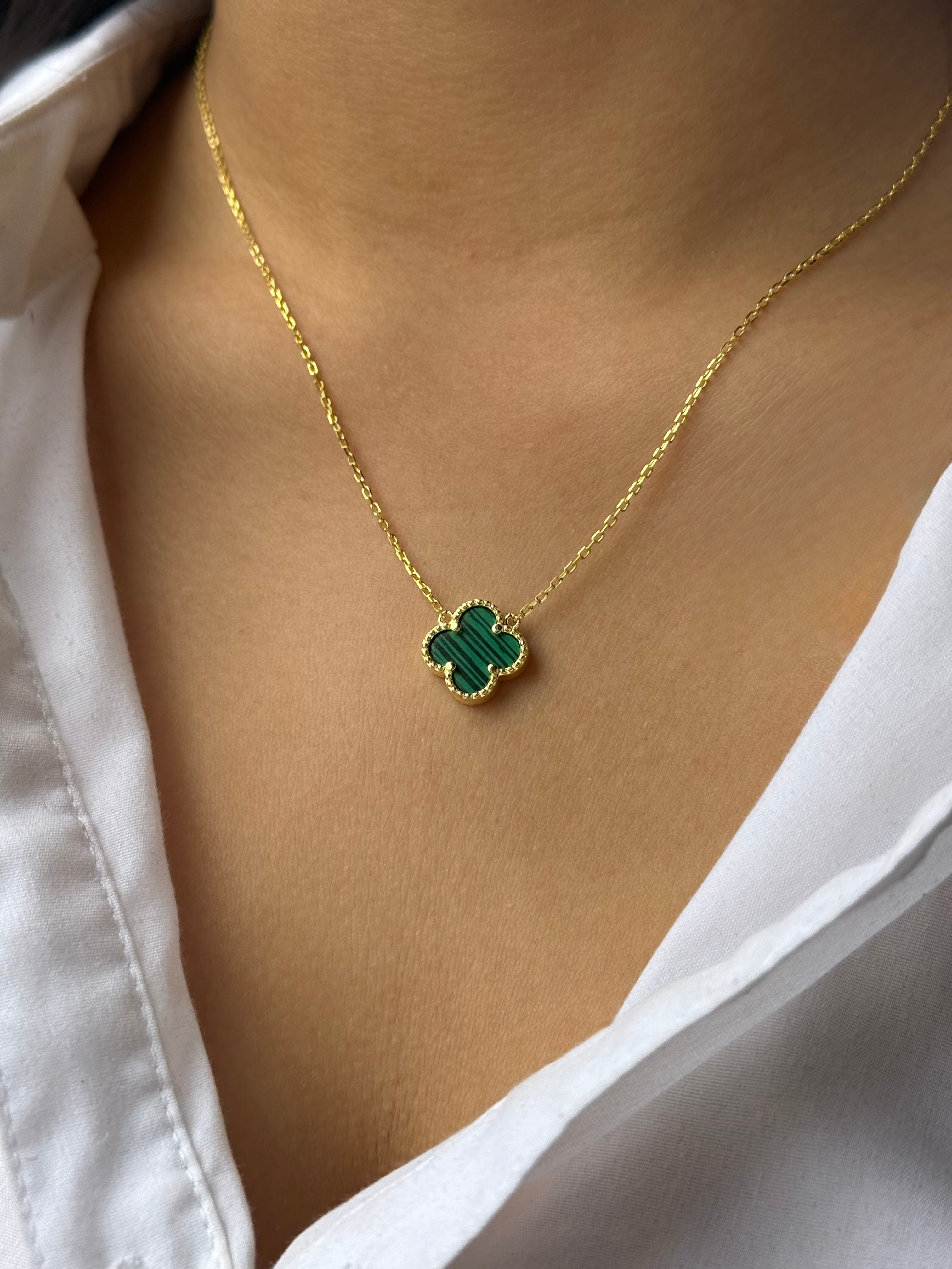 Gold Plated Sterling Silver Malachite Clover Necklace