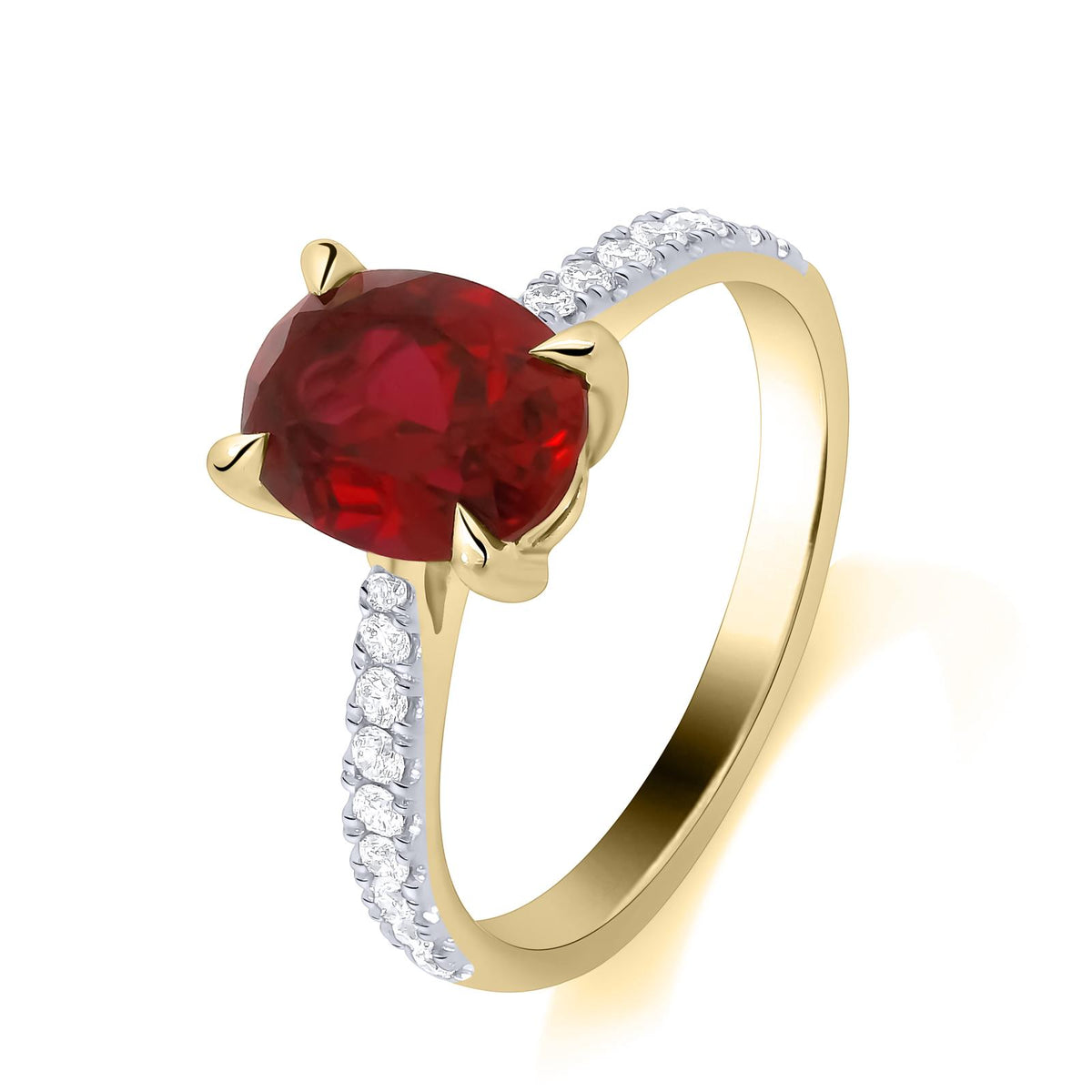 9ct Yellow Gold Lab Grown Oval Cut Ruby with Diamond Band