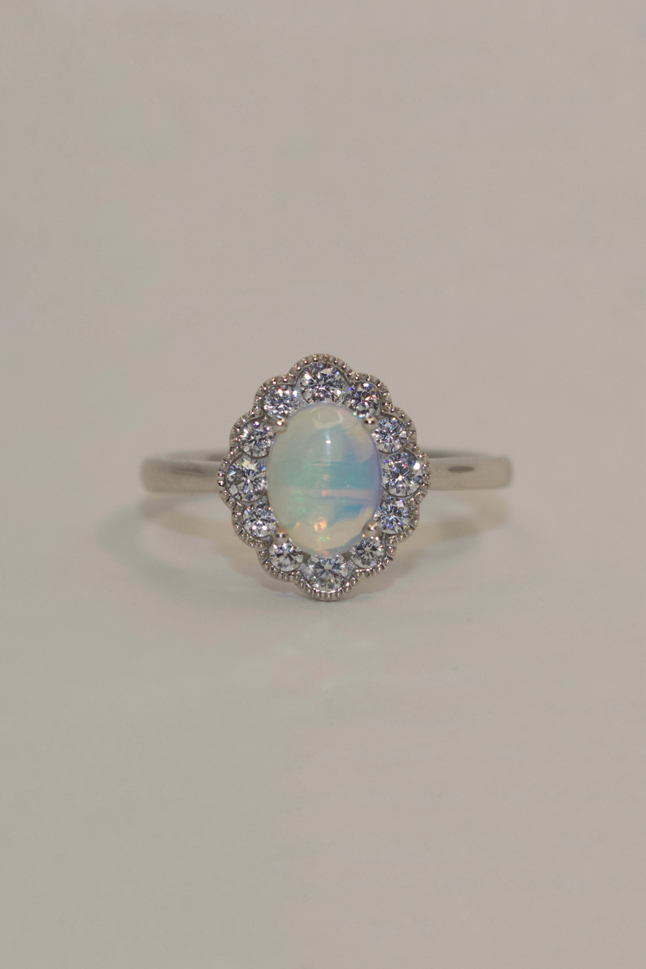 9K White Gold Opal and CZ Cluster Ring