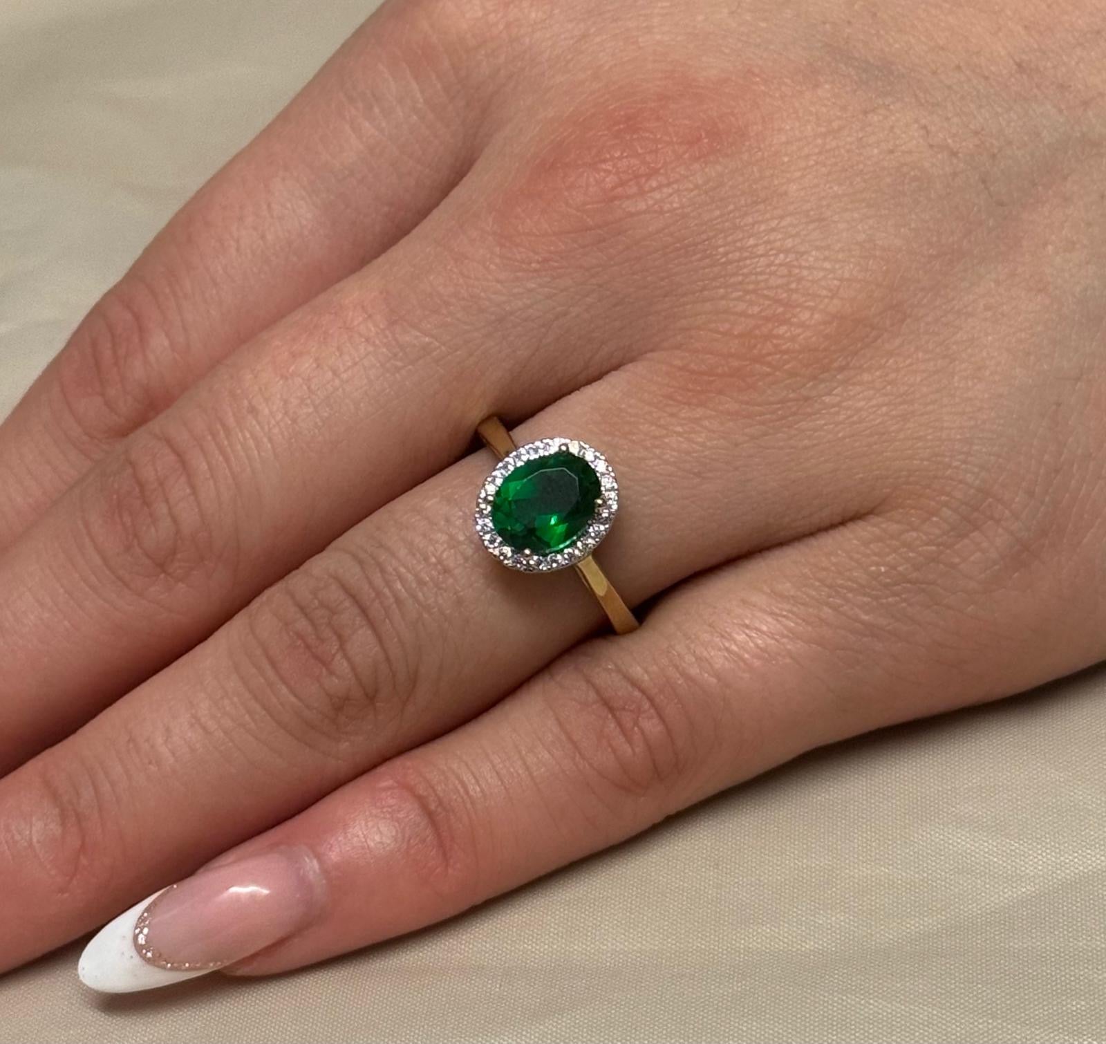 9K Yellow Gold Oval Green Stone Ring with CZ Halo