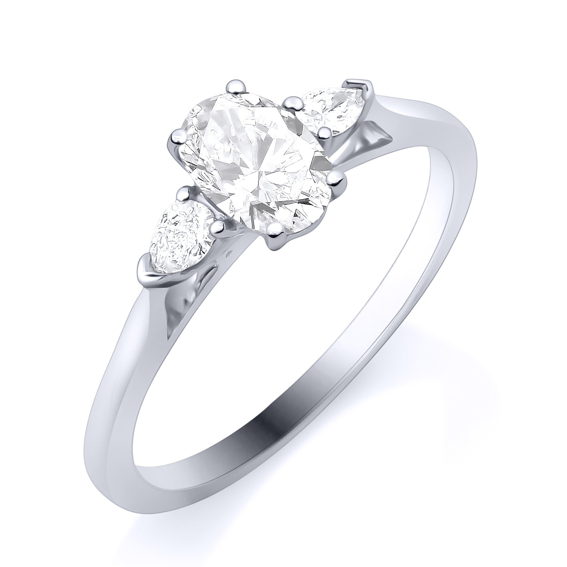 9K White Gold 50pt Oval & Pear Three Stone Diamond Ring