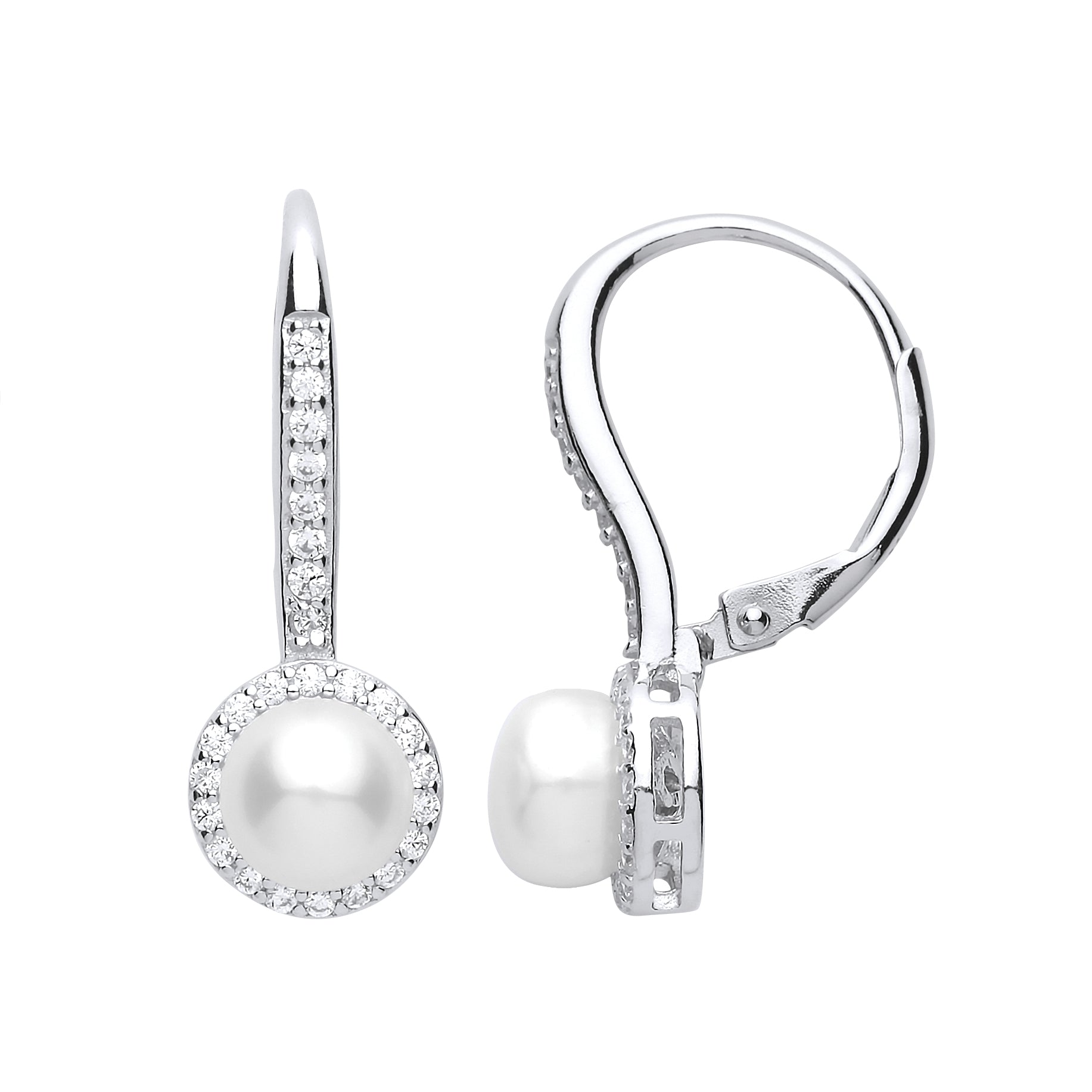 Sterling Silver Pearl & Cubic Zirconia Halo Drop Earrings