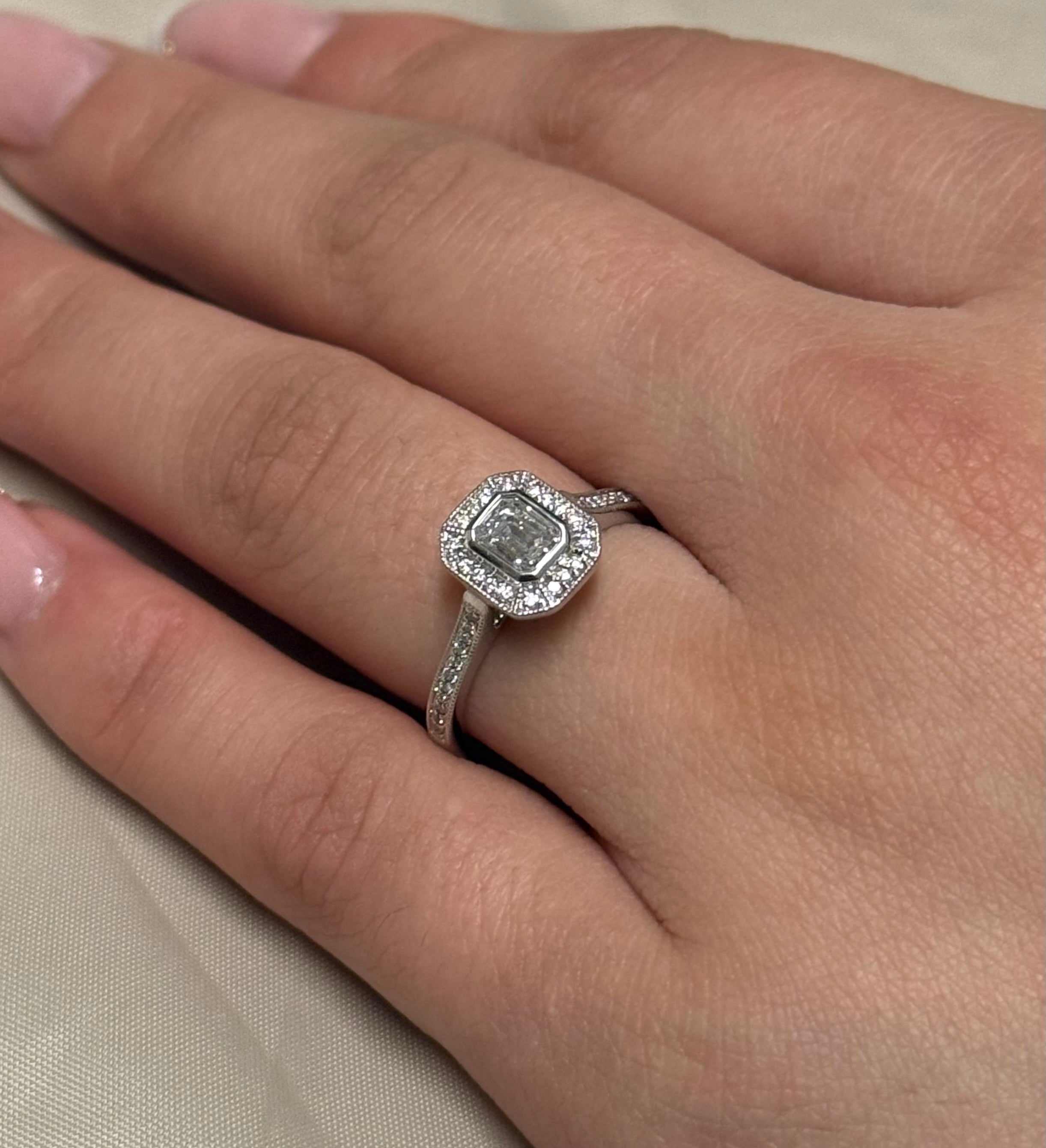 18K White Gold Emerald Cut Halo with Diamond Band
