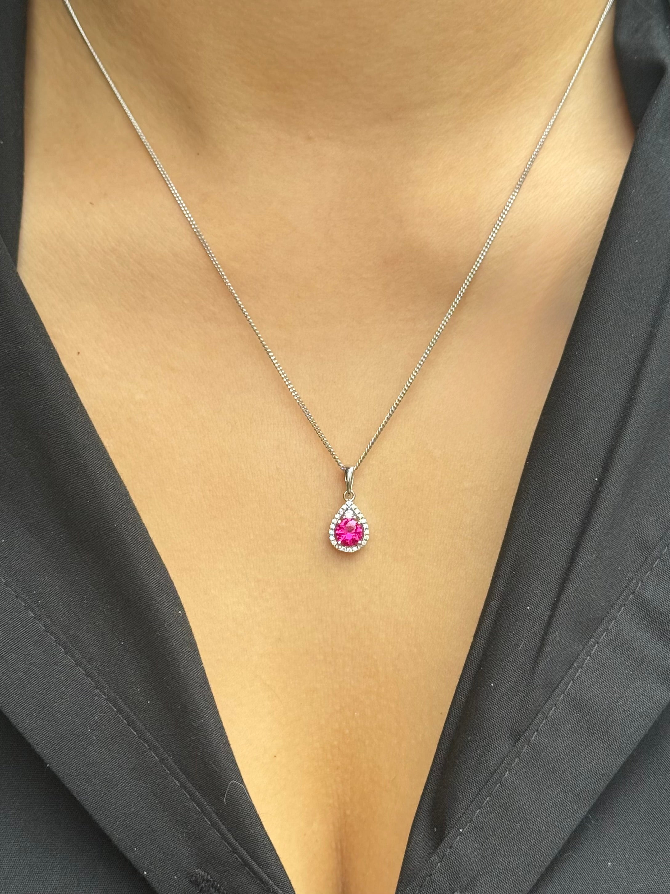 Sterling Silver Red Cz Pear Halo Pendant