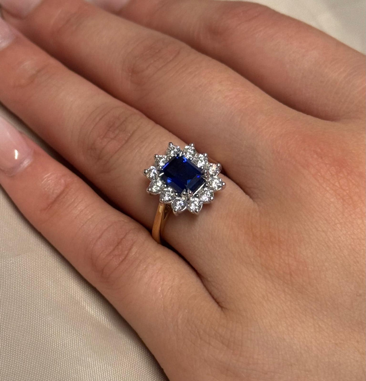 9ct Yellow Gold Lab Grown Emerald Cut Sapphire and Diamond Cluster Ring