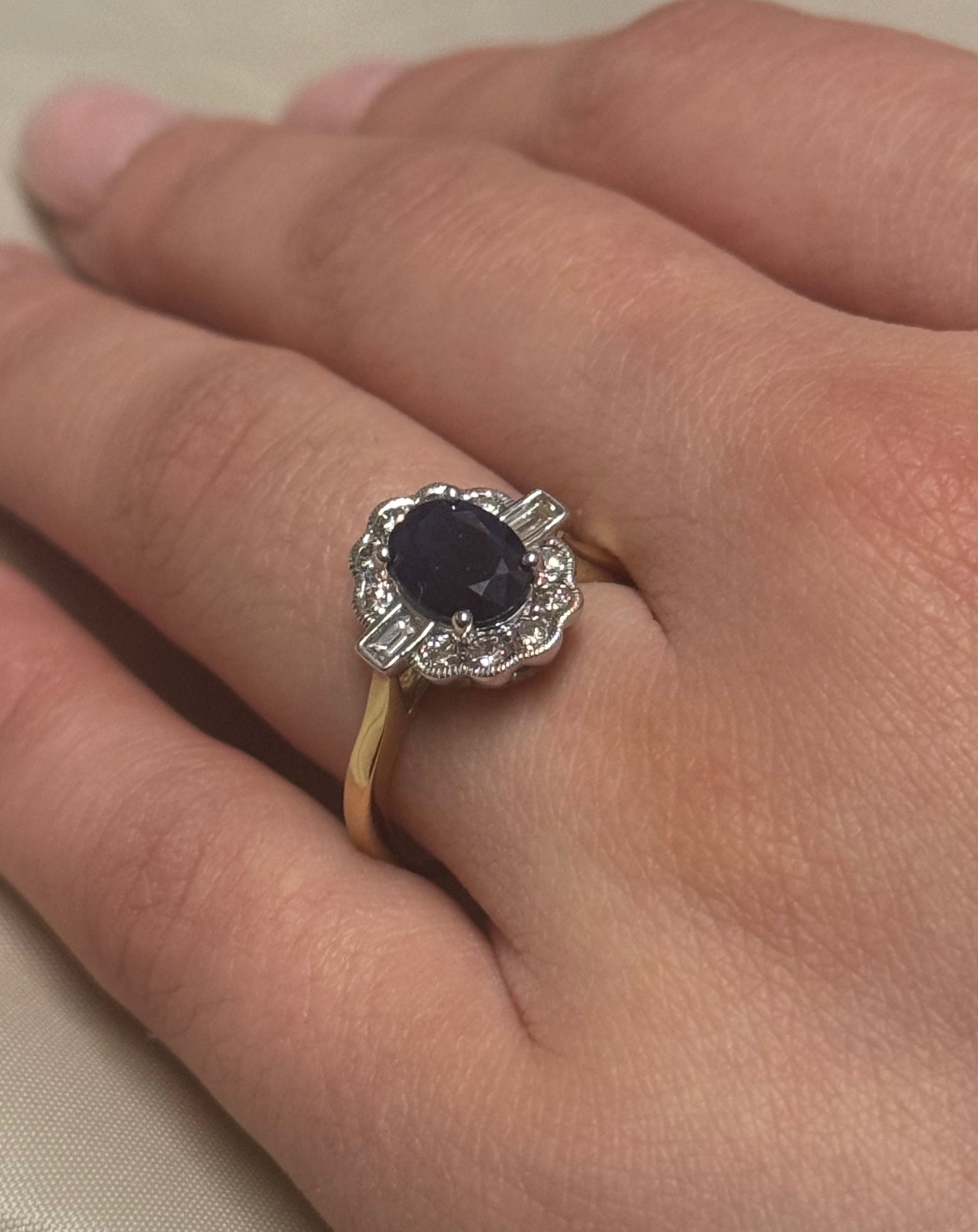 9K Yellow Gold Oval Sapphire and Diamond Cluster with Baguette side stones