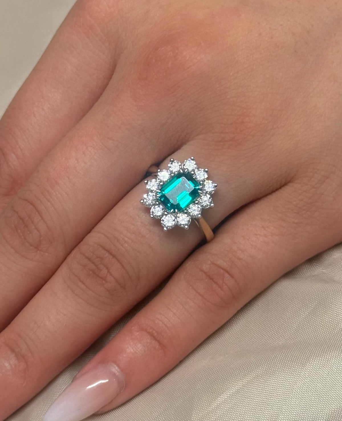 9ct Yellow Gold Lab Grown Emerald Cut Emerald and Diamond Cluster Ring