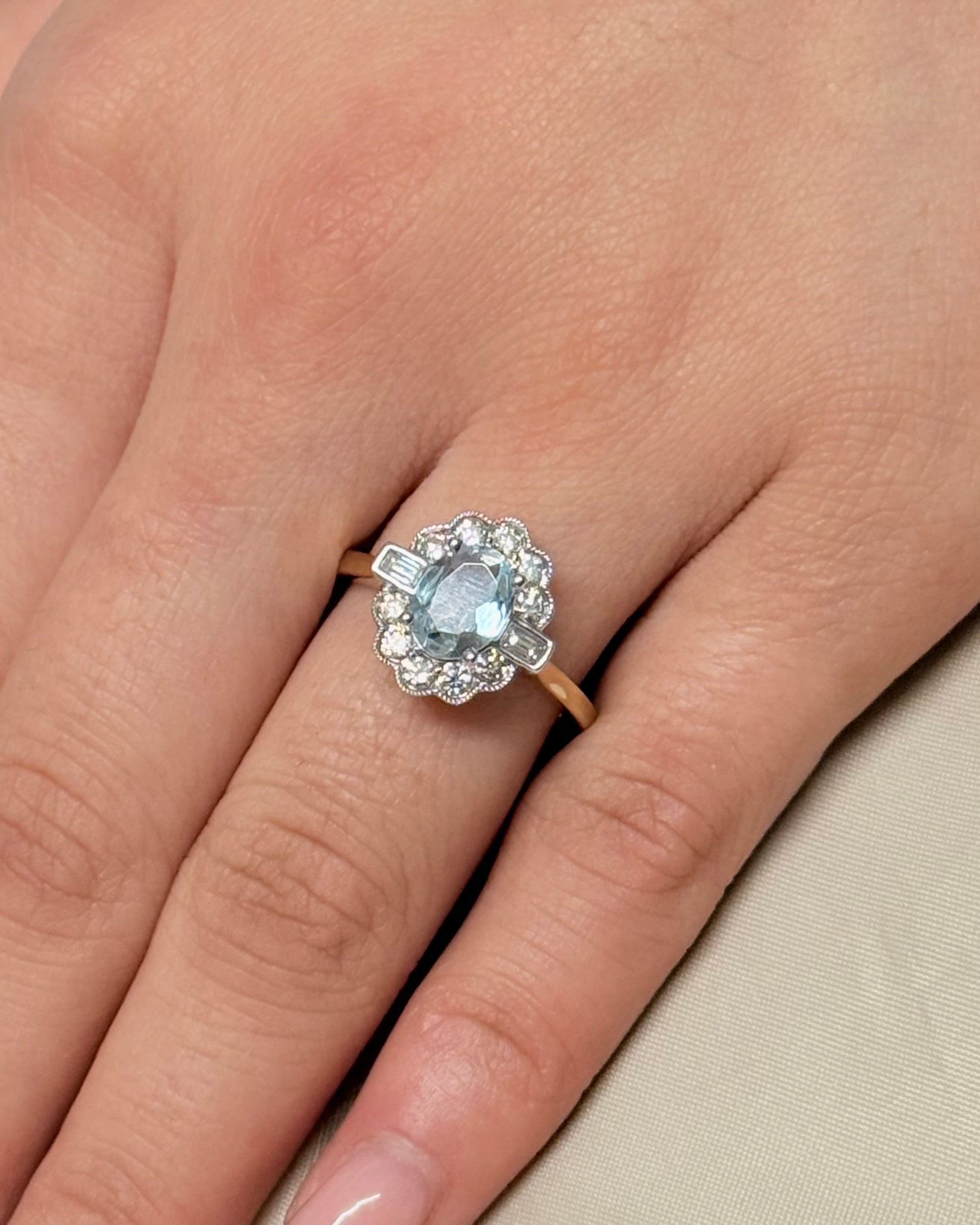 9K Yellow Gold Aquamarine and Diamond Cluster with Baguette Side Stones