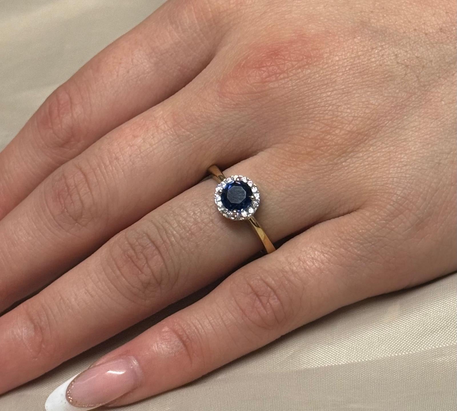9K Yellow Gold Round Blue Stone Ring with CZ Halo