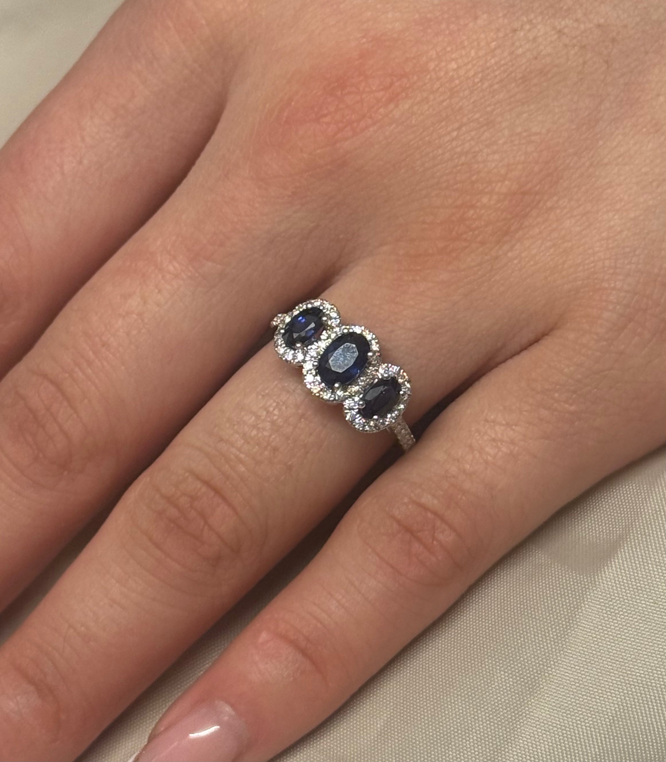 9ct Yellow Gold Three Stone Oval Sapphire and Diamond Halo Ring