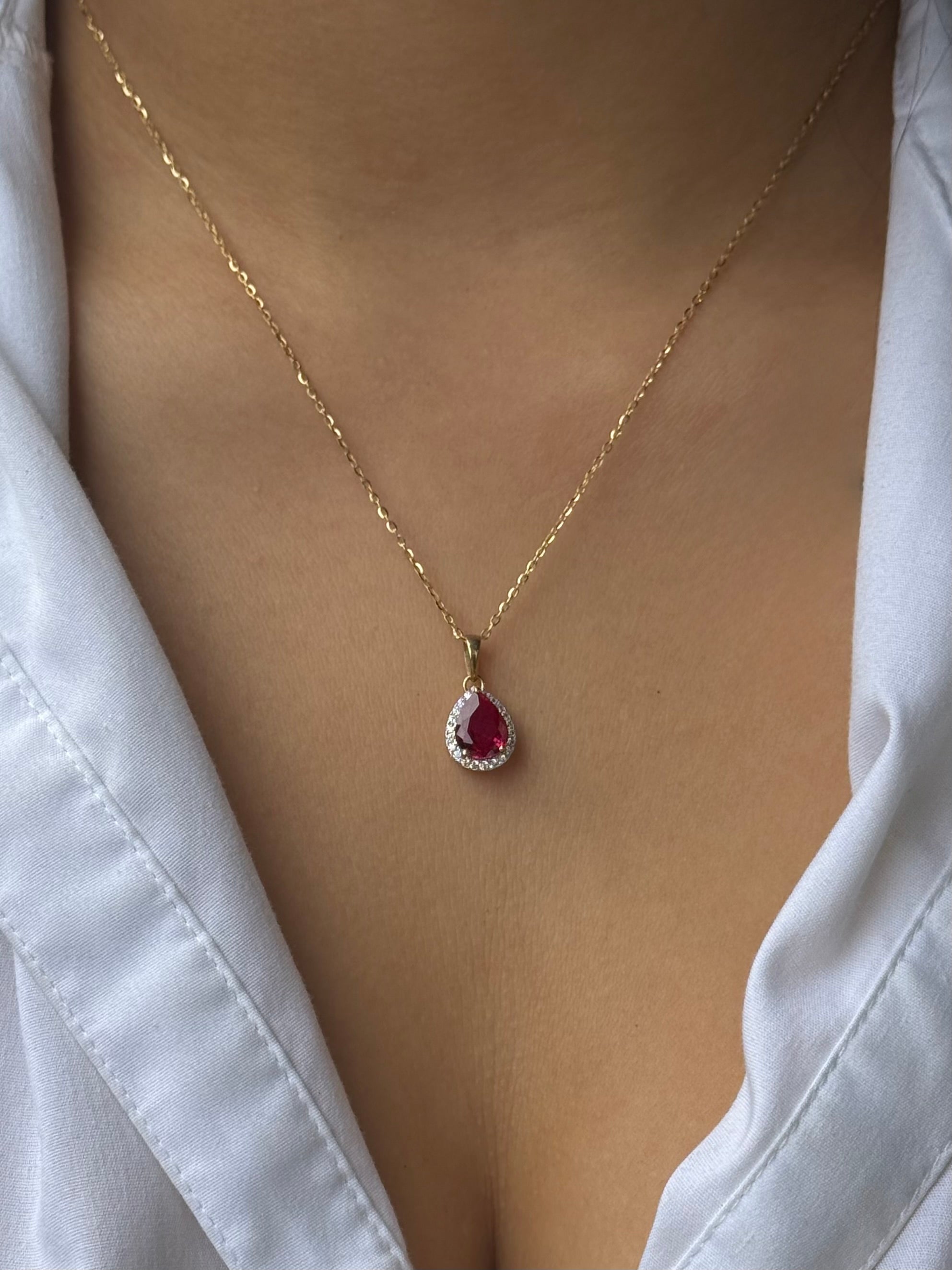 9ct Yellow Gold Red Stone Pear CZ Halo Pendant