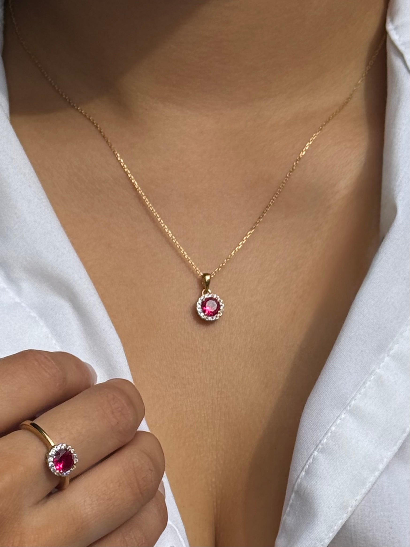 9ct Yellow Gold Red Stone Round CZ Halo Pendant